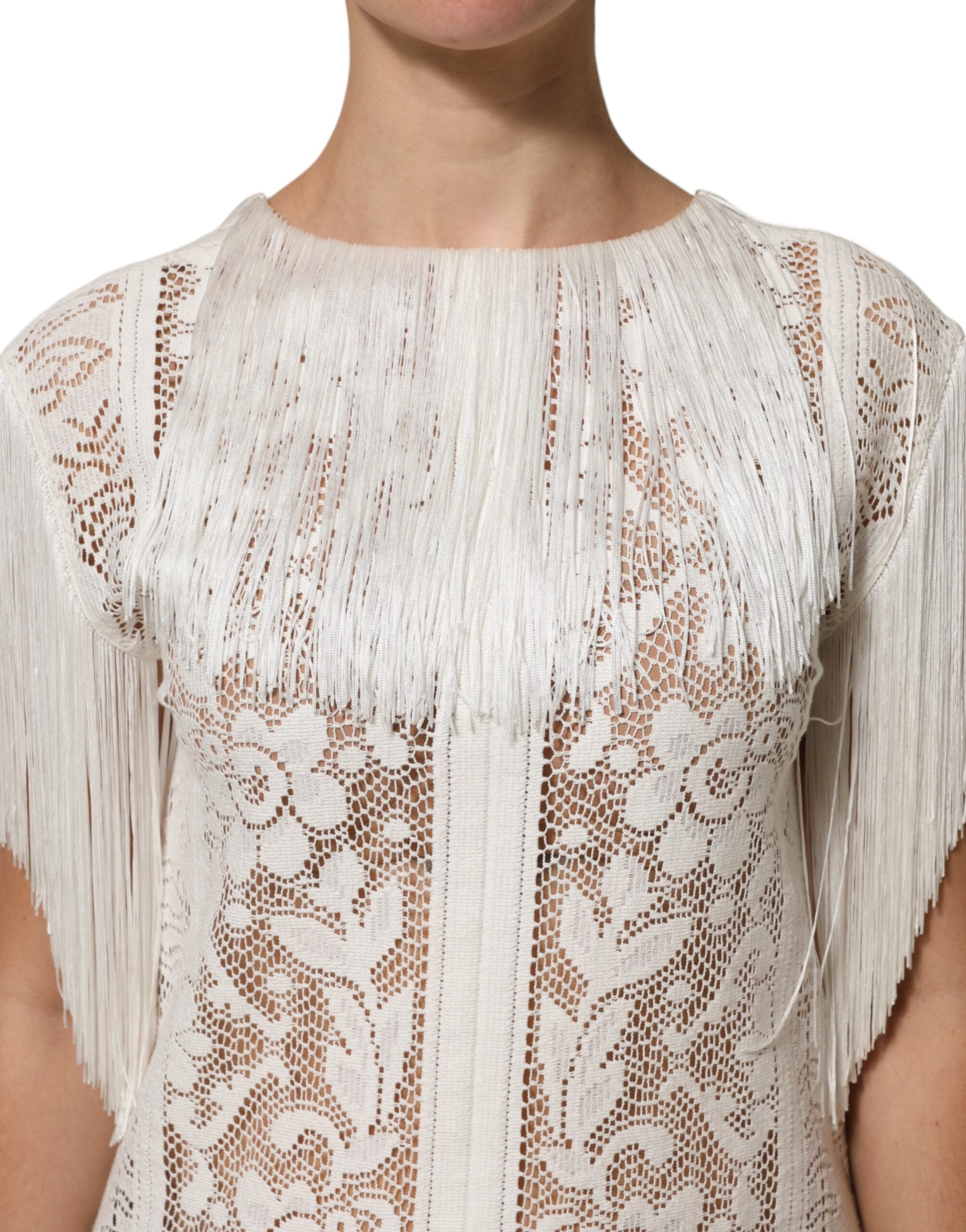 Dolce & Gabbana White Floral Lace Fringe Knee Length Women's Dress