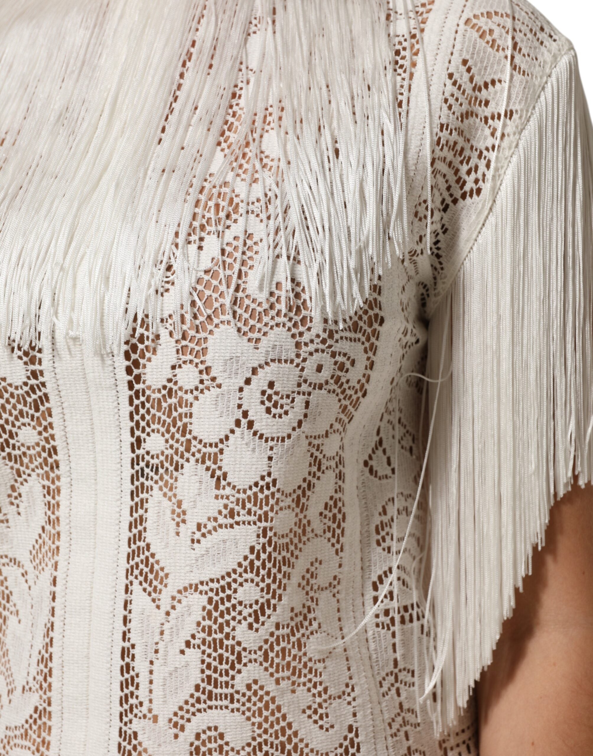 Dolce & Gabbana White Floral Lace Fringe Knee Length Women's Dress