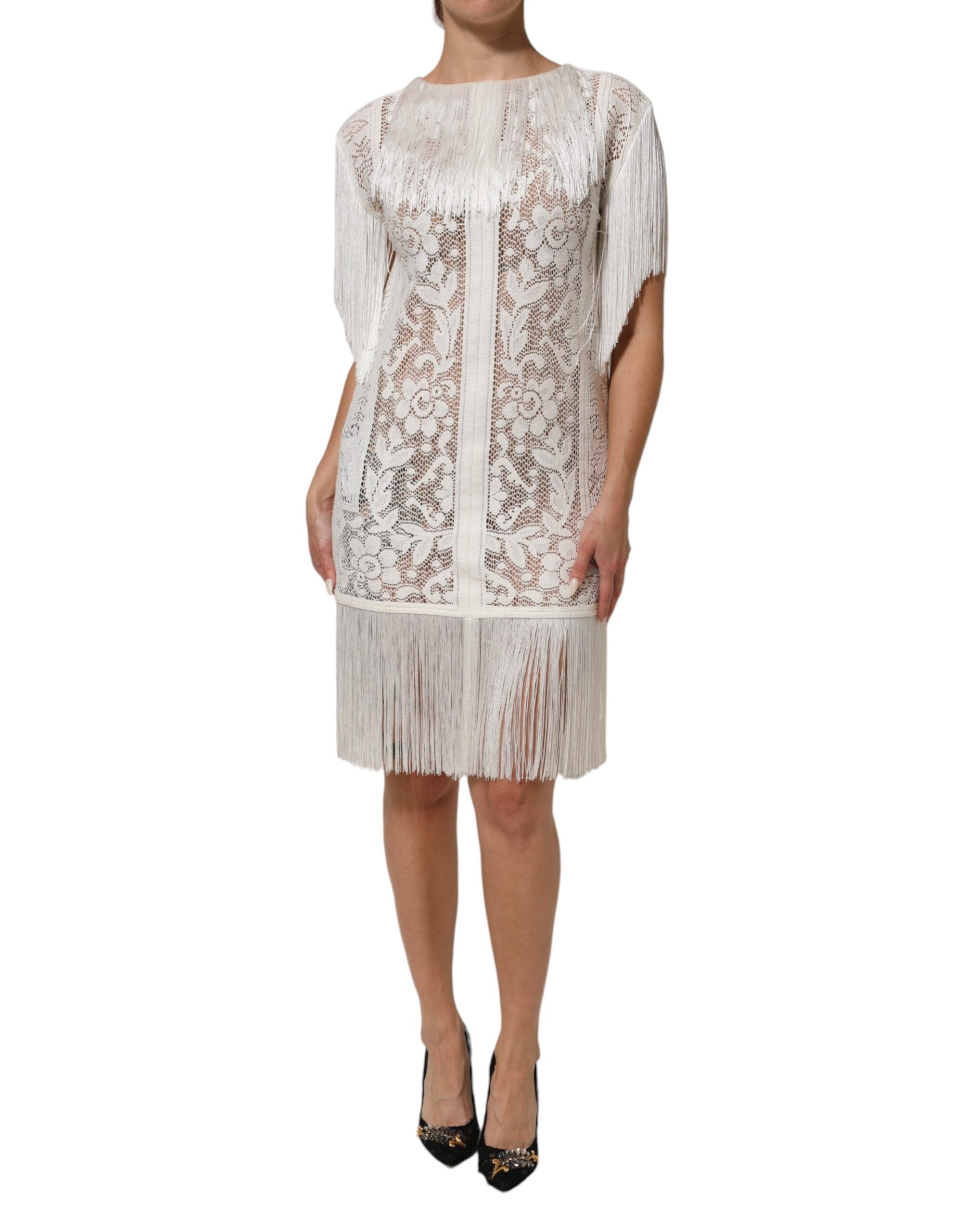 Dolce & Gabbana White Floral Lace Fringe Knee Length Women's Dress