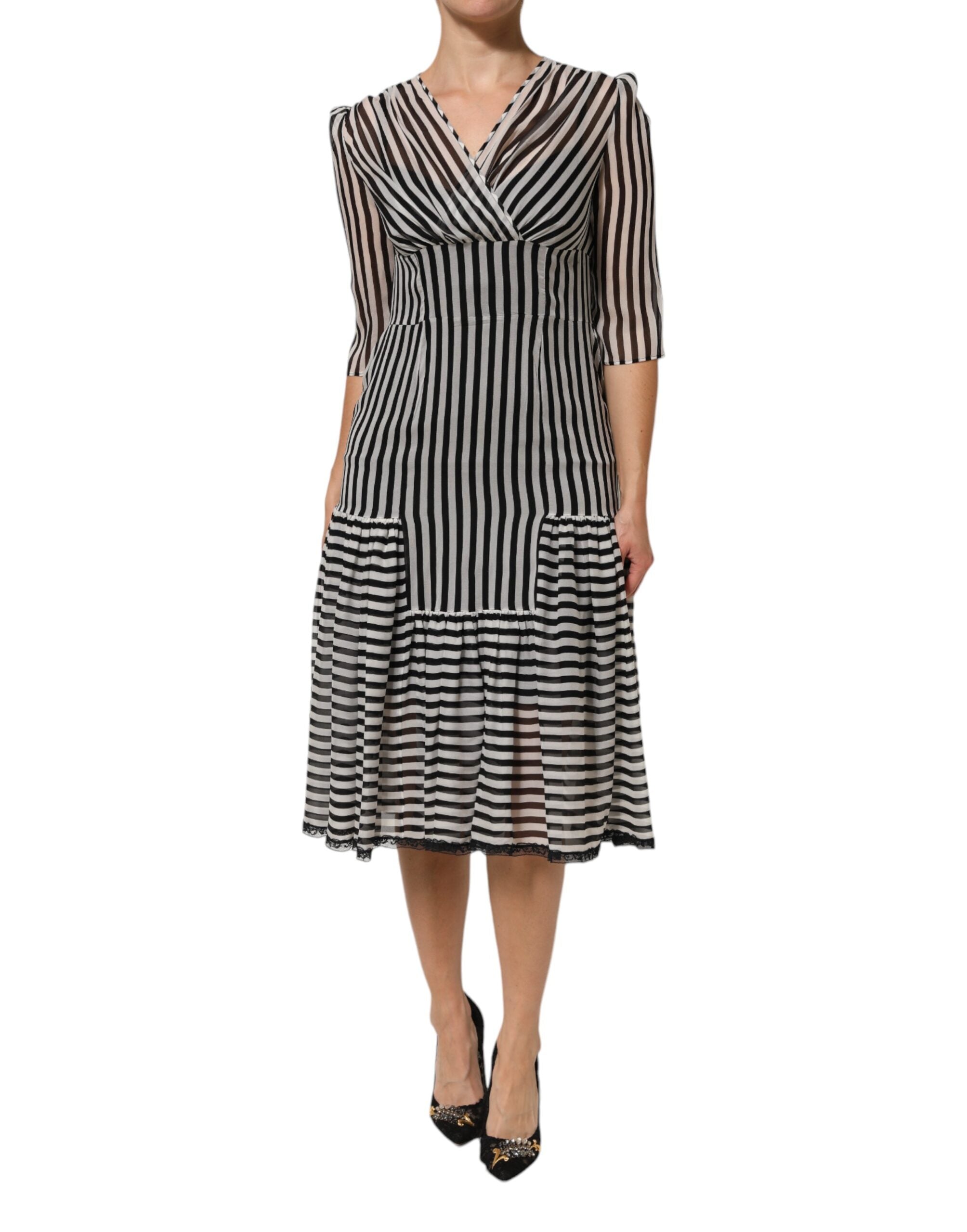 Dolce & Gabbana Black White Stripes Silk V-neck Midi Women's Dress (Pre-Owned)