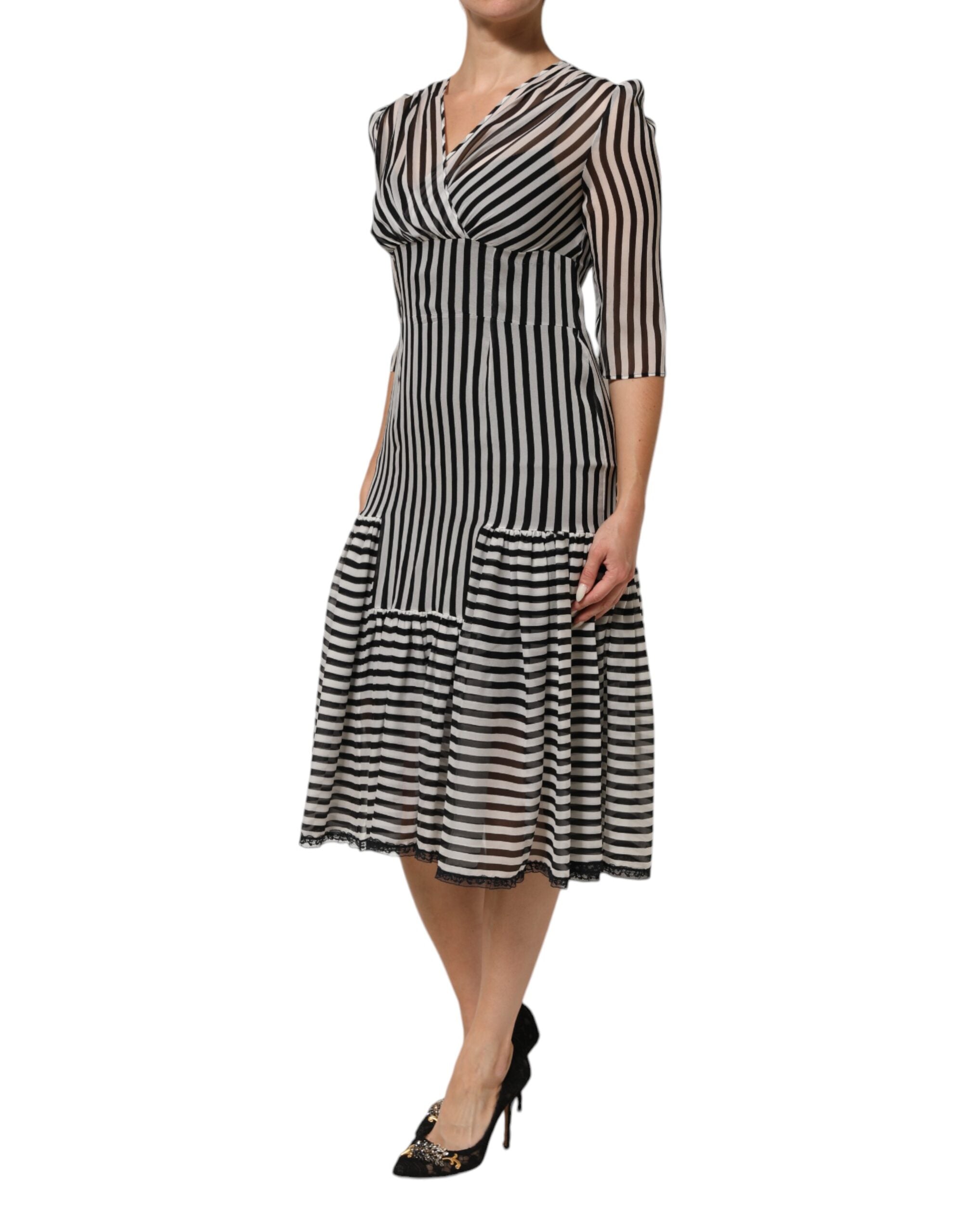 Dolce & Gabbana Black White Stripes Silk V-neck Midi Women's Dress (Pre-Owned)