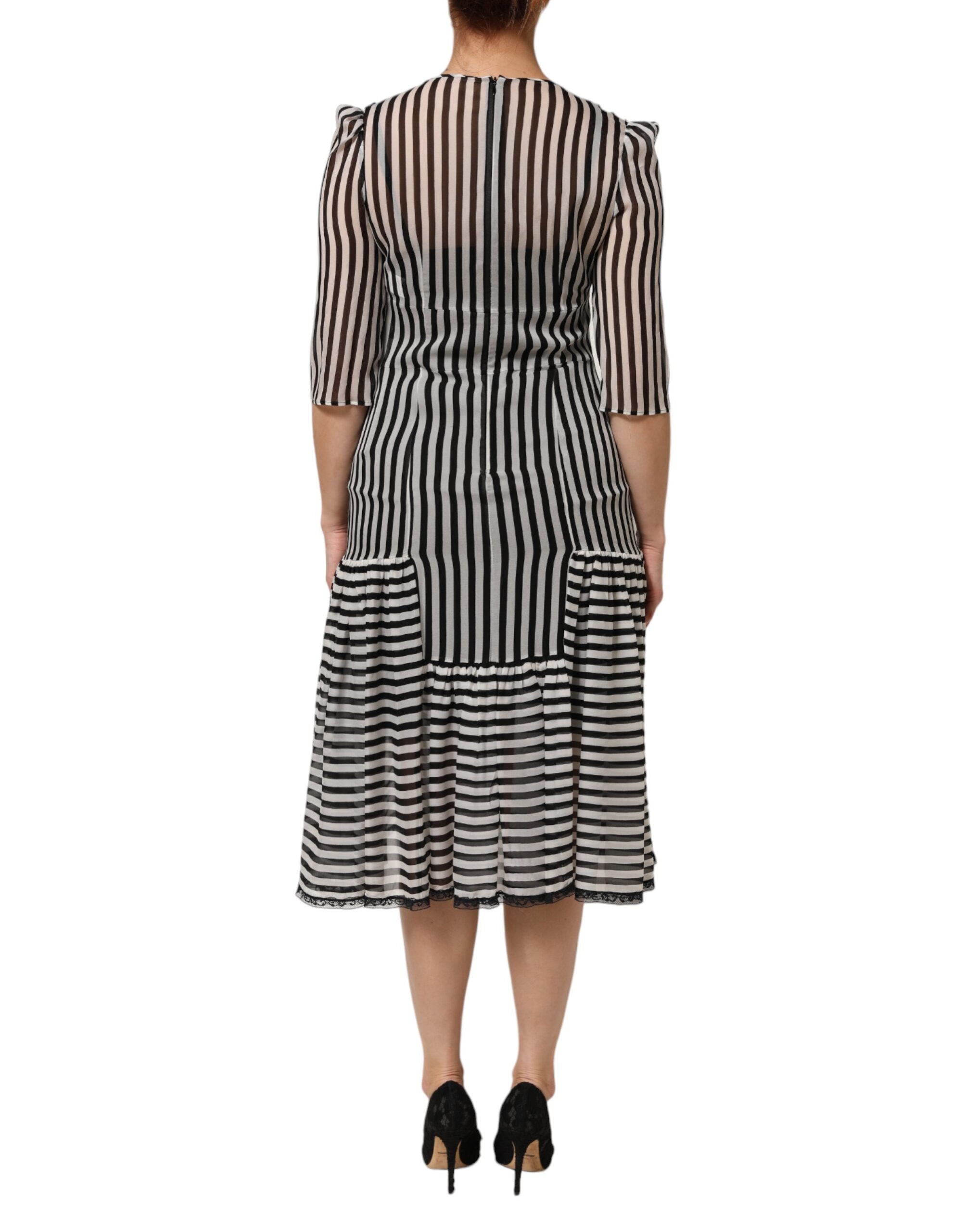 Dolce & Gabbana Black White Stripes Silk V-neck Midi Women's Dress (Pre-Owned)