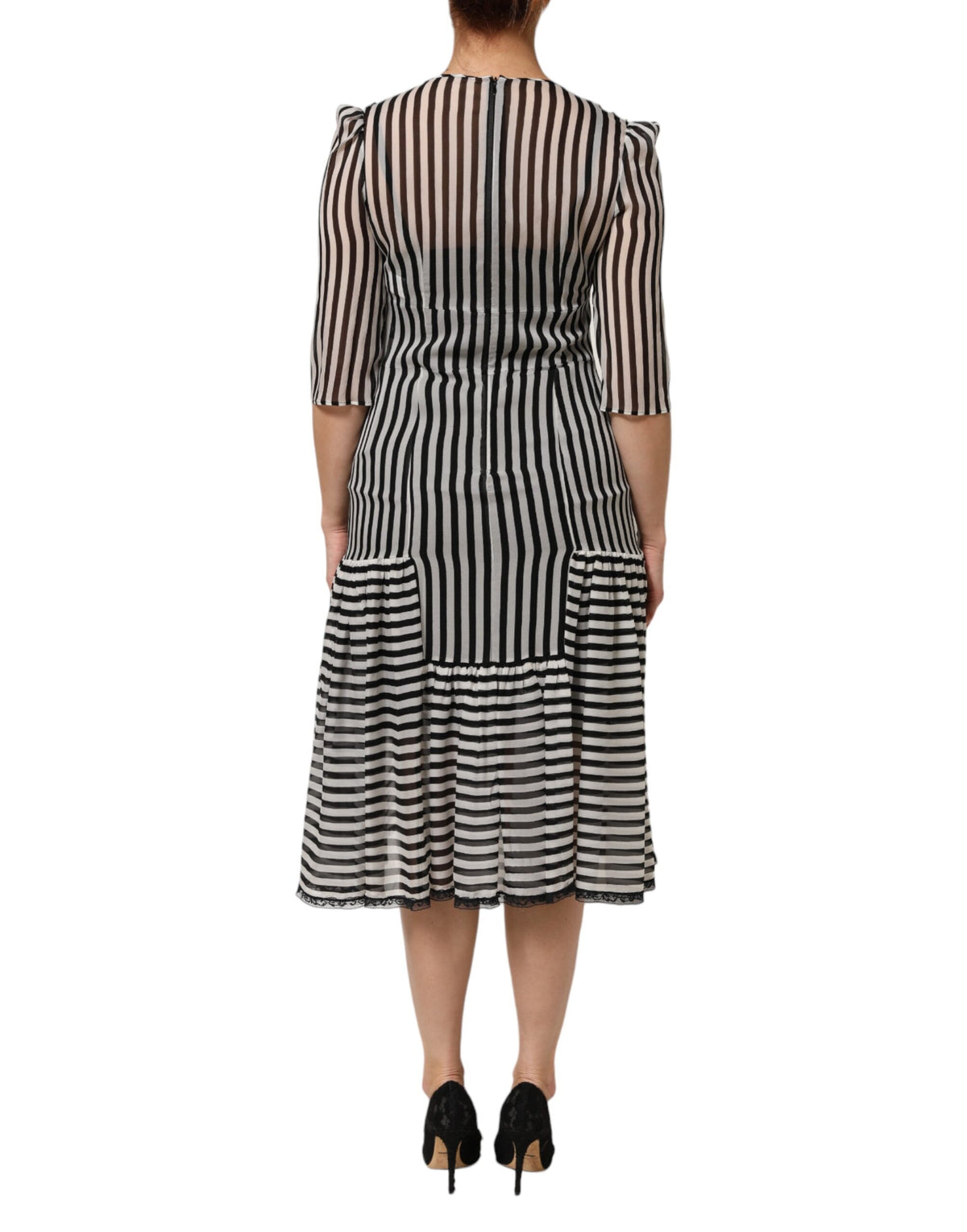 Dolce & Gabbana Black White Stripes Silk V-neck Midi Women's Dress (Pre-Owned)