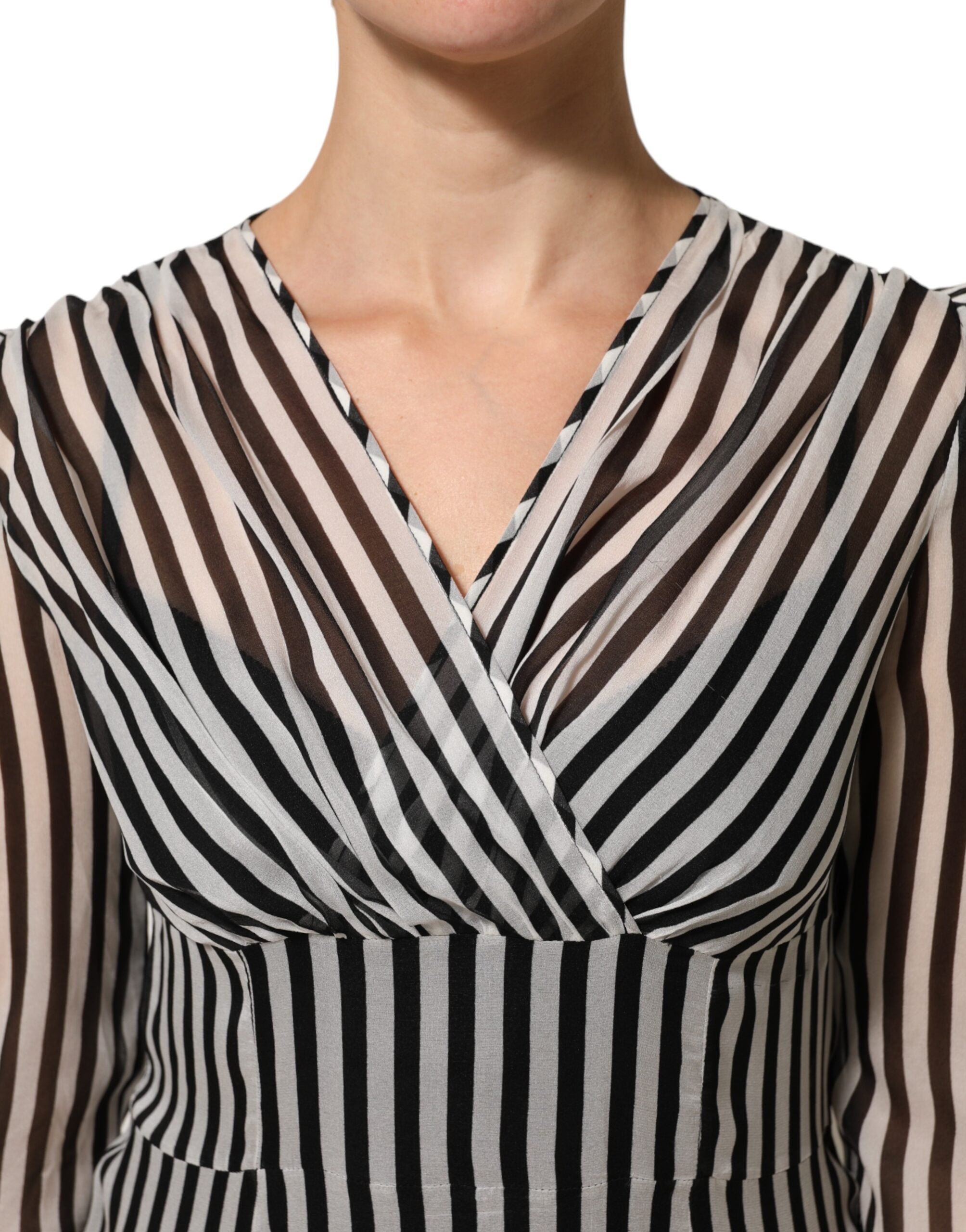 Dolce & Gabbana Black White Stripes Silk V-neck Midi Women's Dress (Pre-Owned)