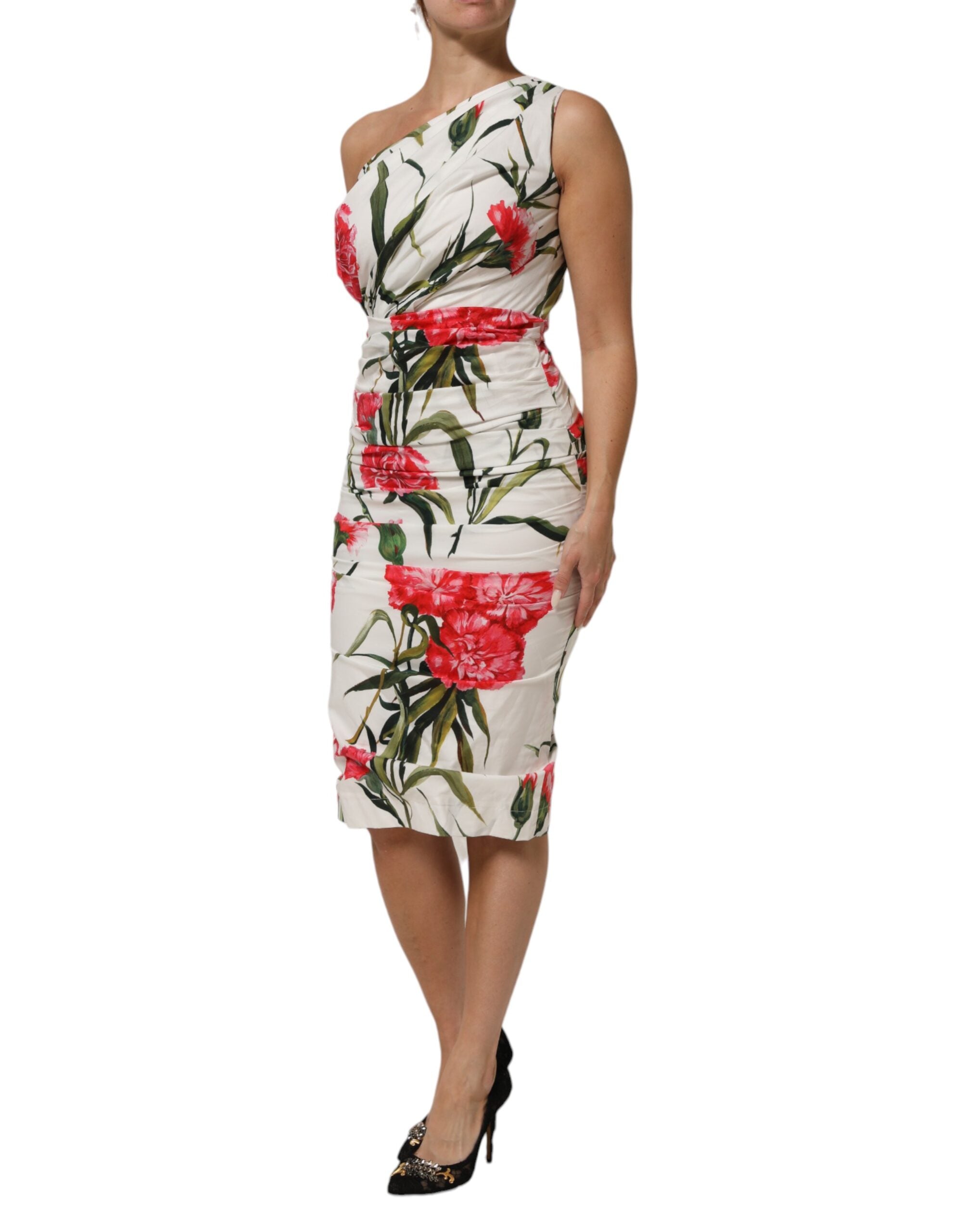 Dolce & Gabbana White Floral One Shoulder Sheath Women's Dress