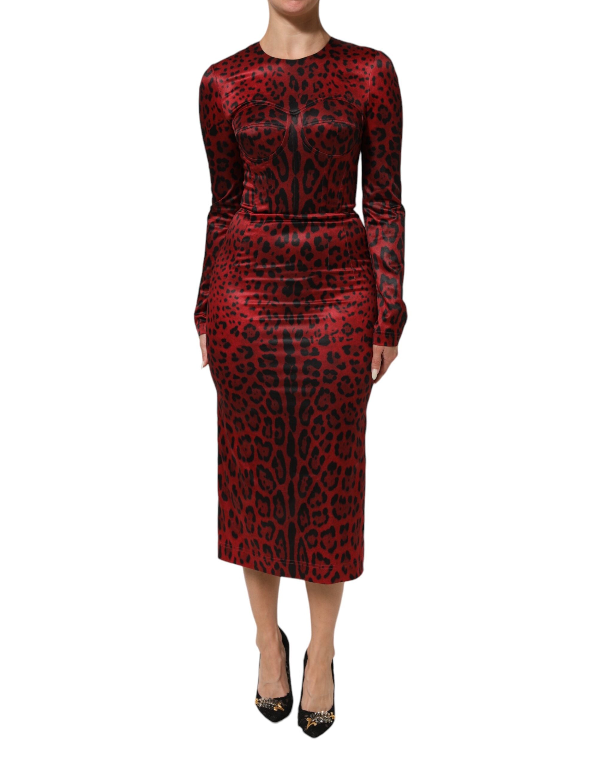 Dolce & Gabbana Red Leopard Sheath Long Sleeves Women's Dress