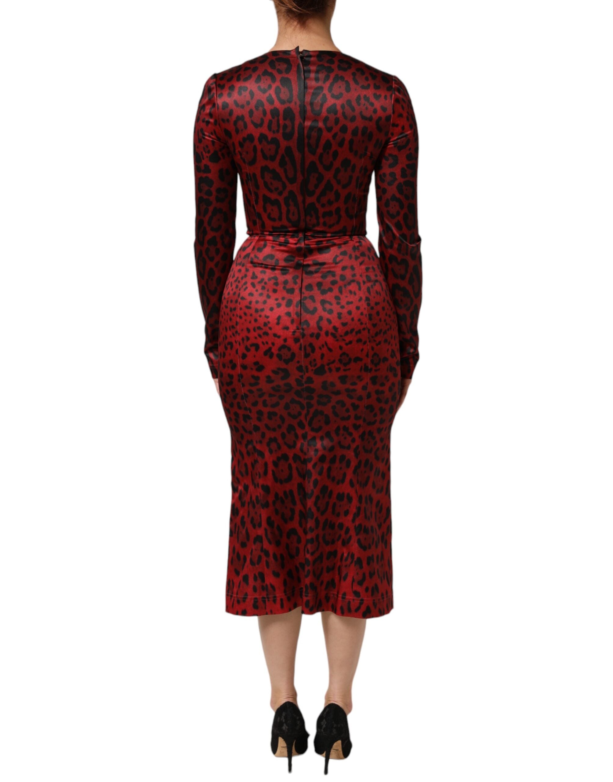 Dolce & Gabbana Red Leopard Sheath Long Sleeves Women's Dress