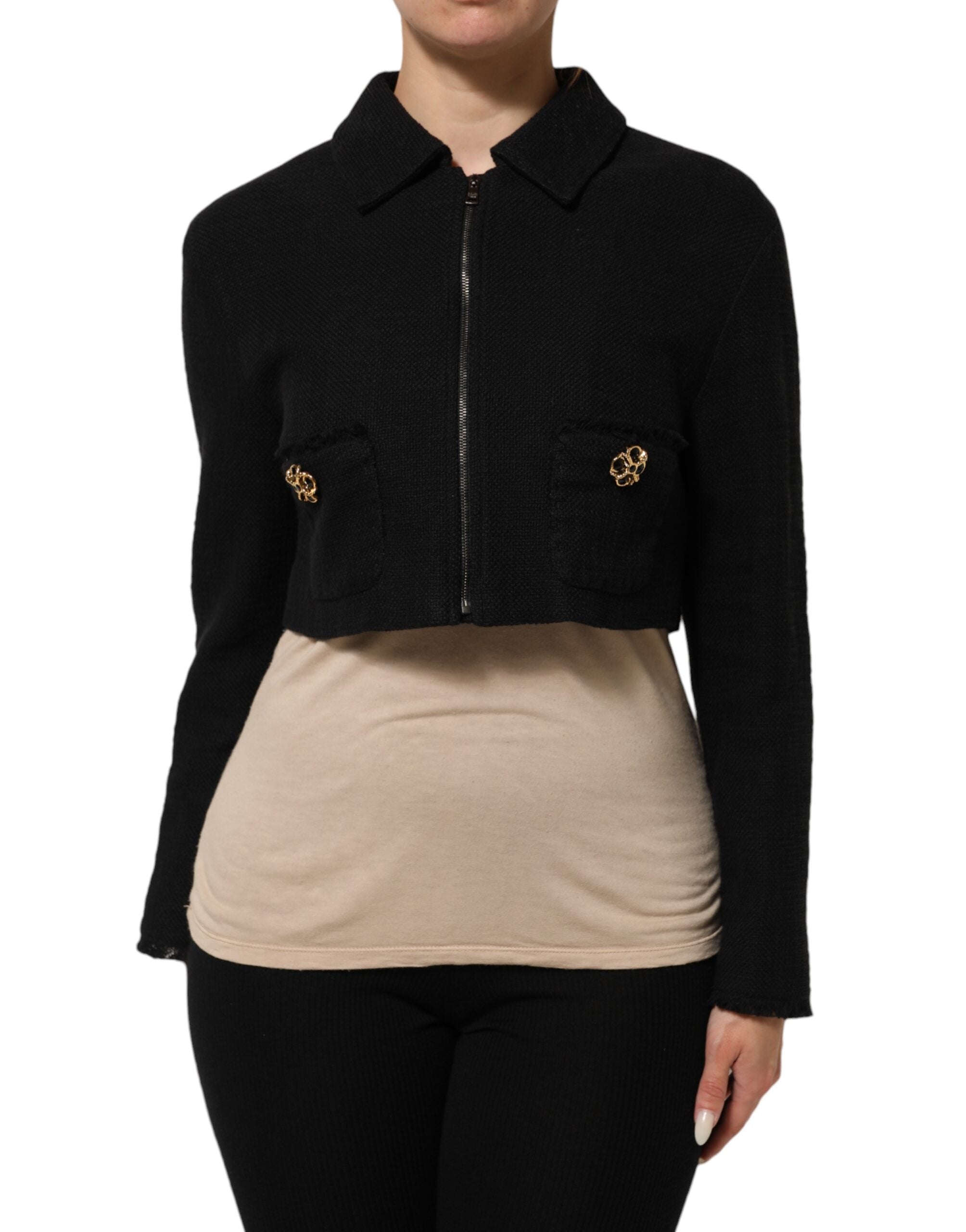 Dolce & Gabbana Black Cotton Full Zip Cropped Coat Women's Jacket