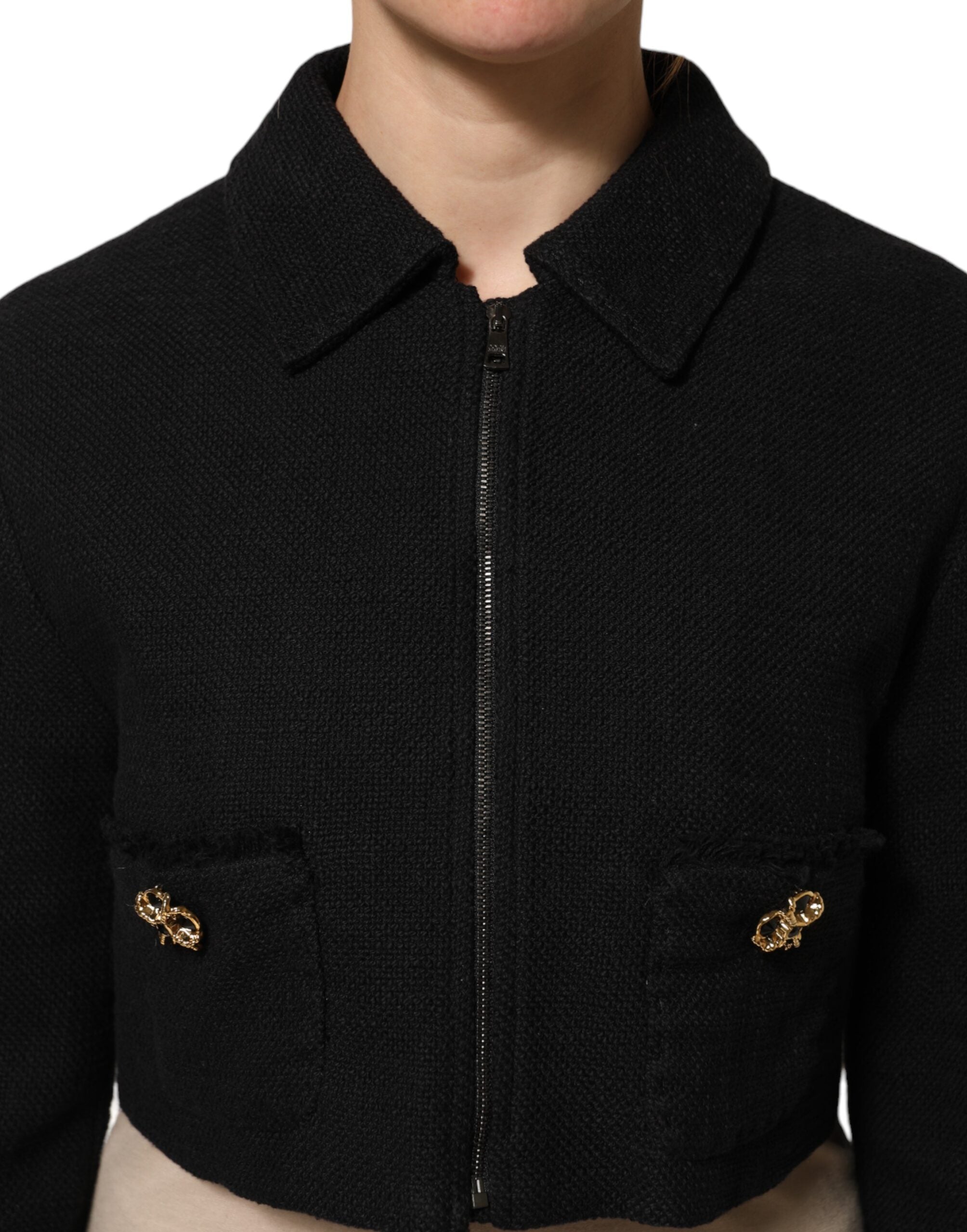 Dolce & Gabbana Black Cotton Full Zip Cropped Coat Women's Jacket