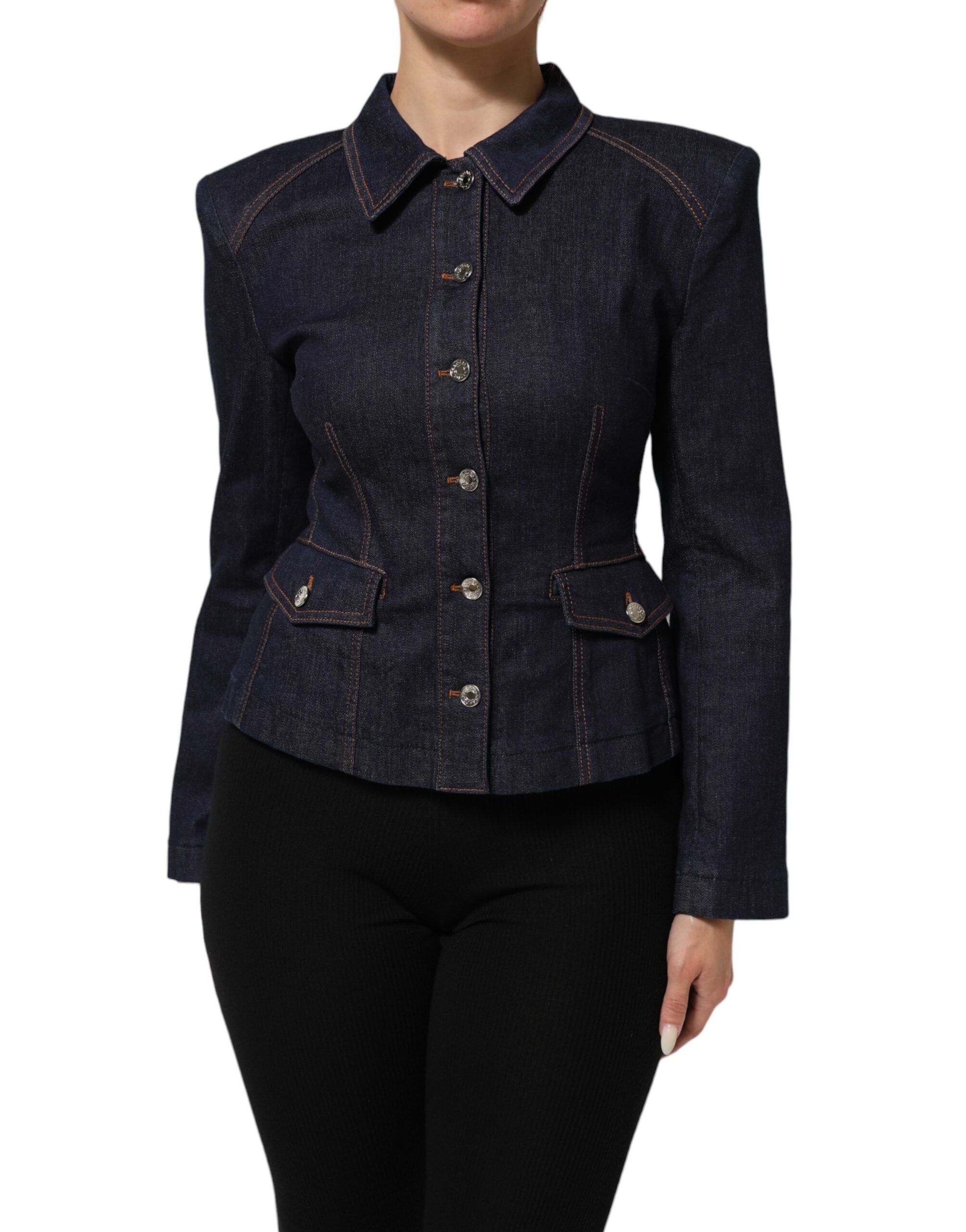 Dolce & Gabbana Dark Blue Cotton Collared Denim Coat Women's Jacket