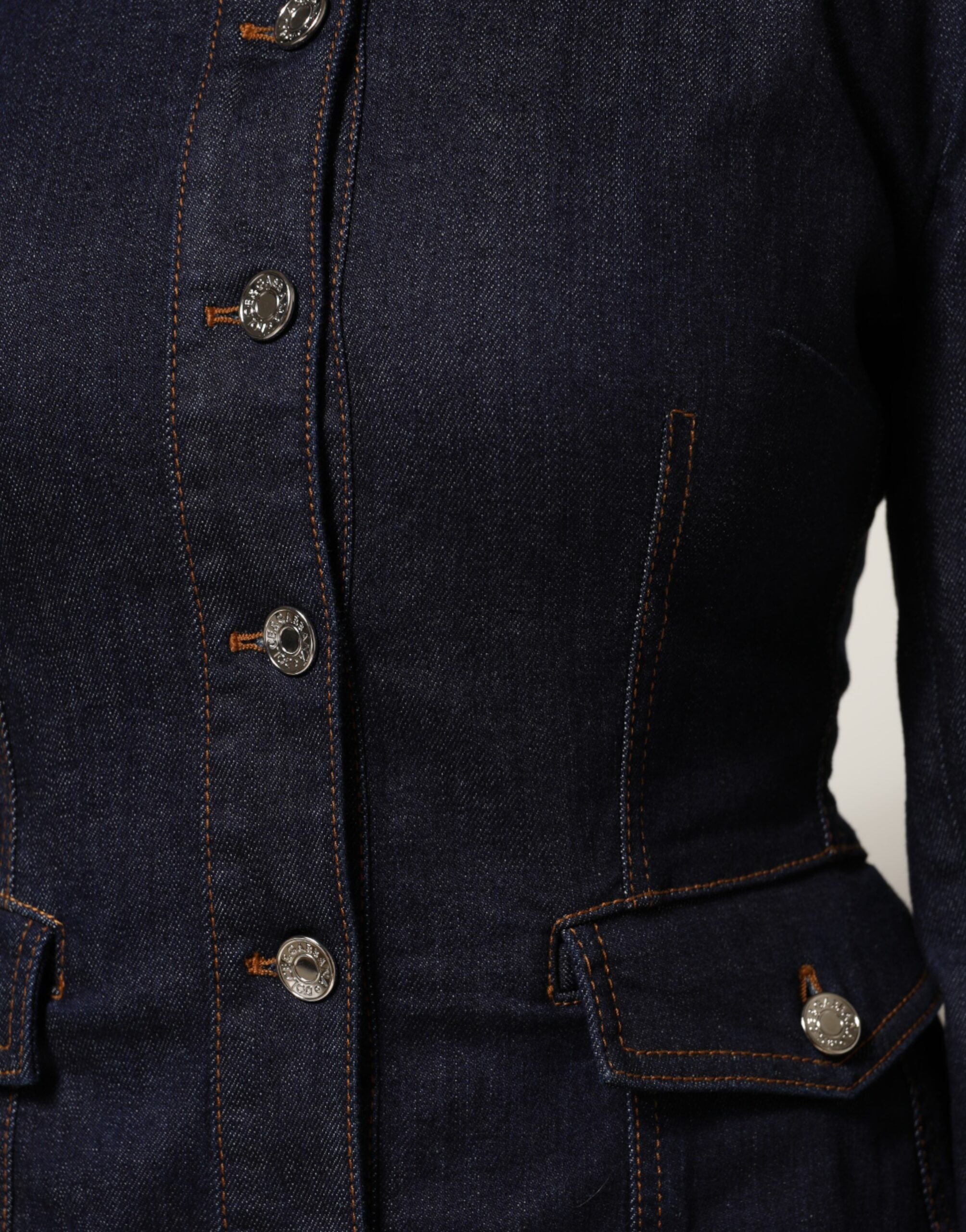 Dolce & Gabbana Dark Blue Cotton Collared Denim Coat Women's Jacket