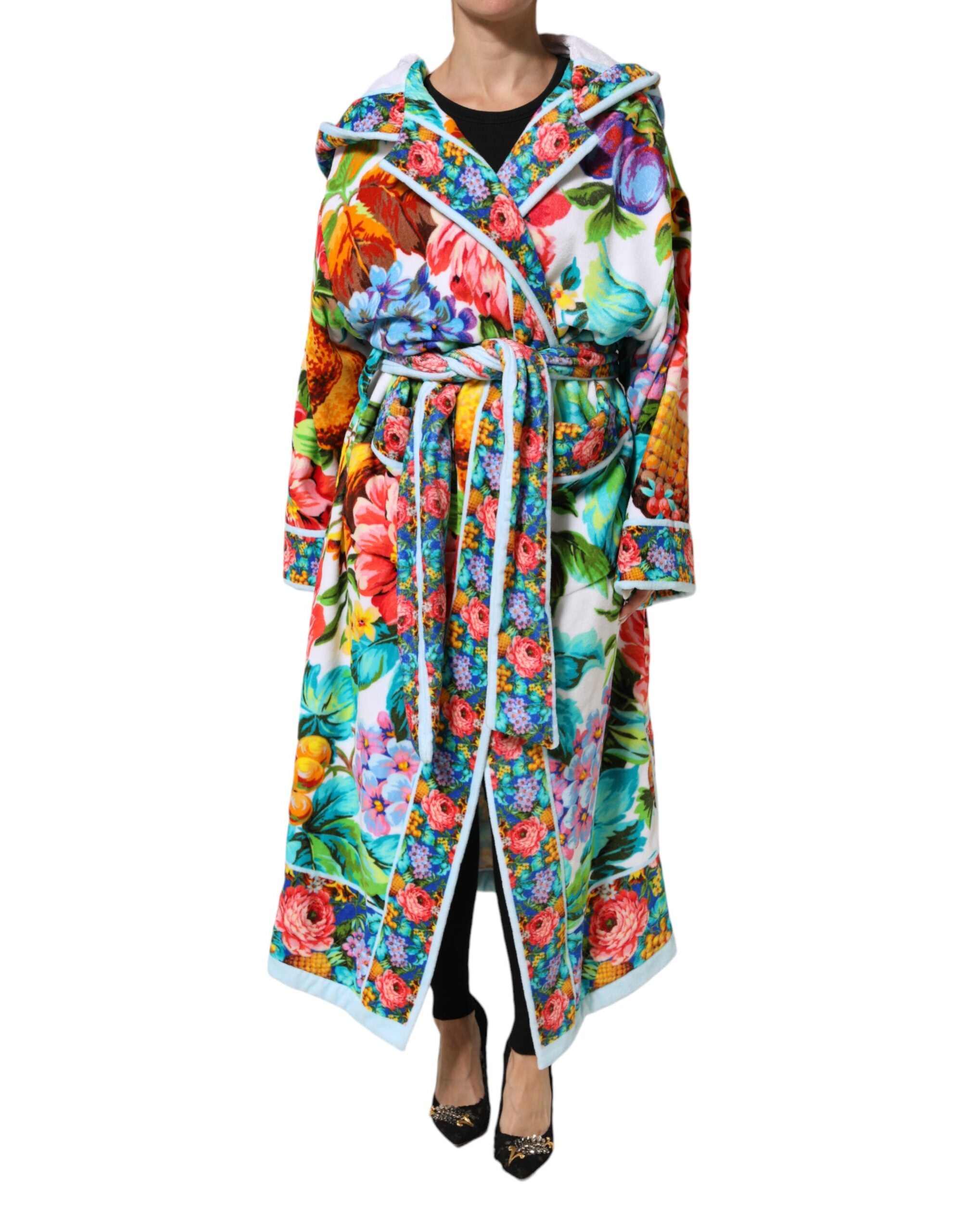 Dolce & Gabbana Multicolor Floral Print Belted Bathrobe Coat Women's Jacket