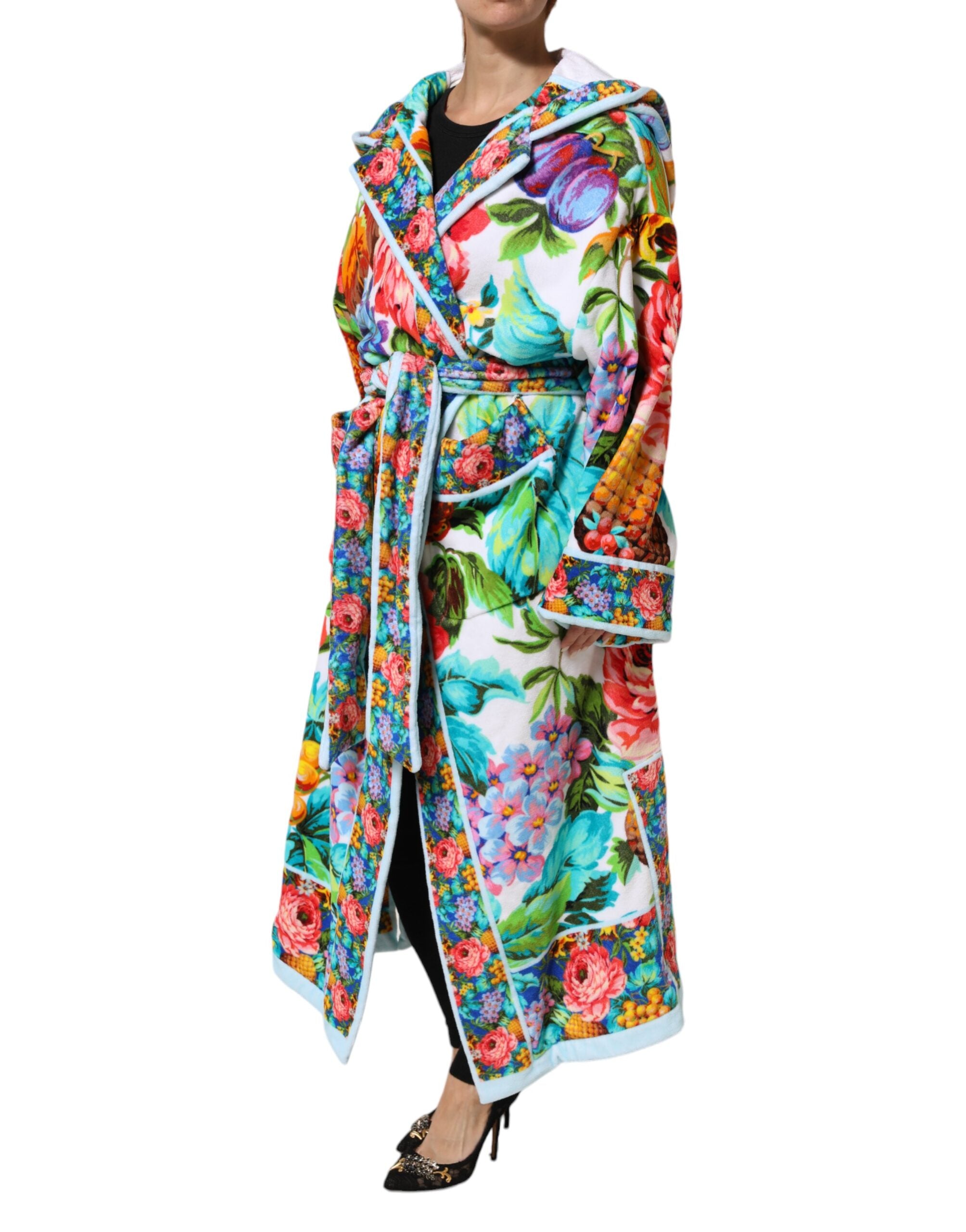 Dolce & Gabbana Multicolor Floral Print Belted Bathrobe Coat Women's Jacket