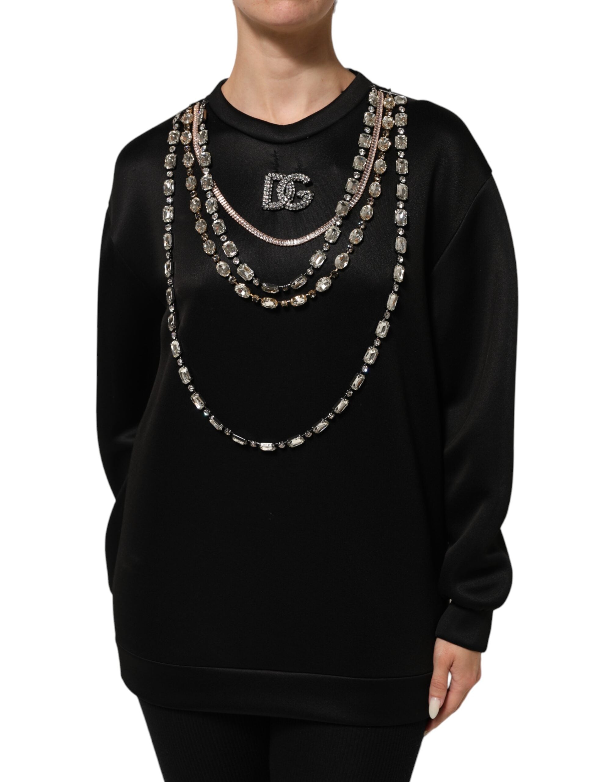 Dolce & Gabbana Black Crystal DG Necklace Sweatshirt Women's Sweater (Pre-Owned)
