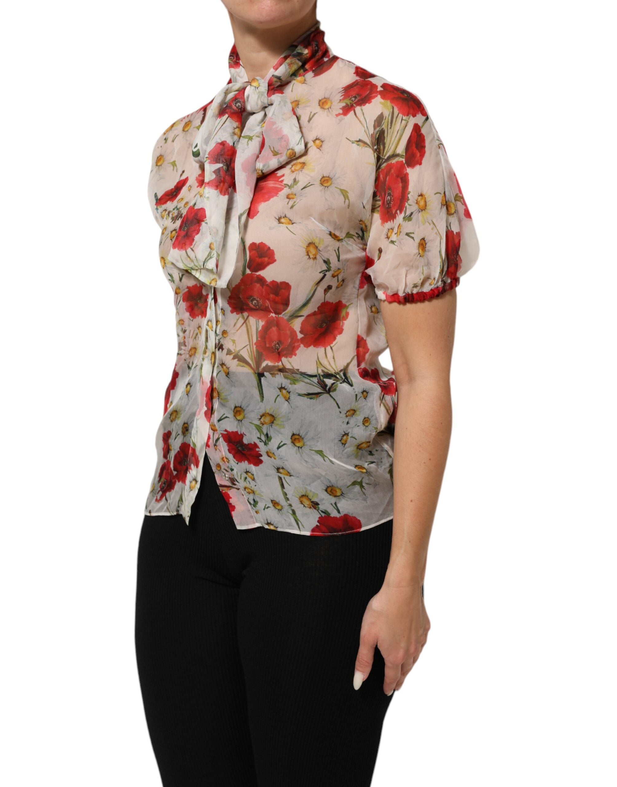Dolce & Gabbana White Floral Tie-Neck Poppy Print Blouse Women's Top