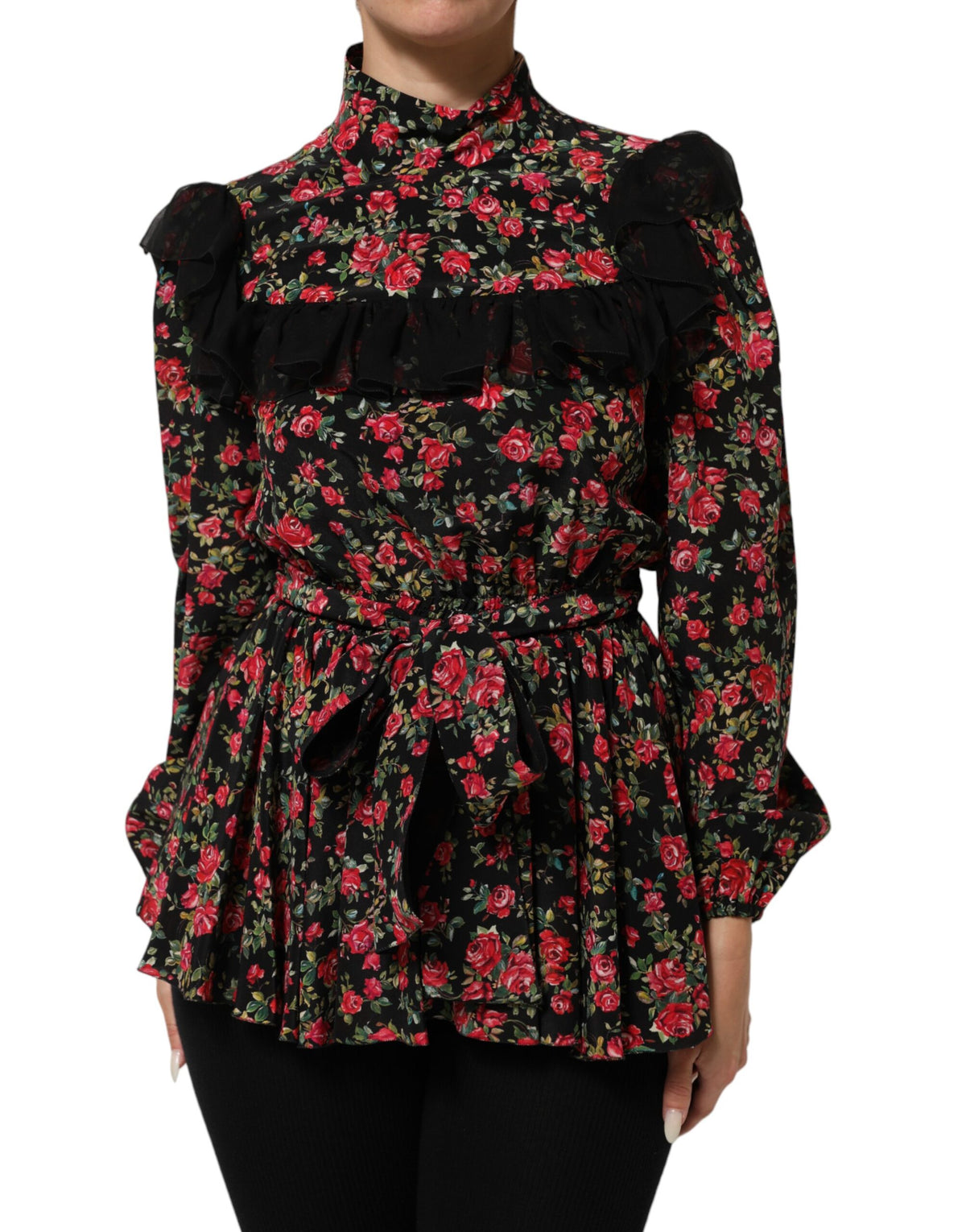 Dolce & Gabbana Black Floral Print Long Sleeve Blouse Women's Top
