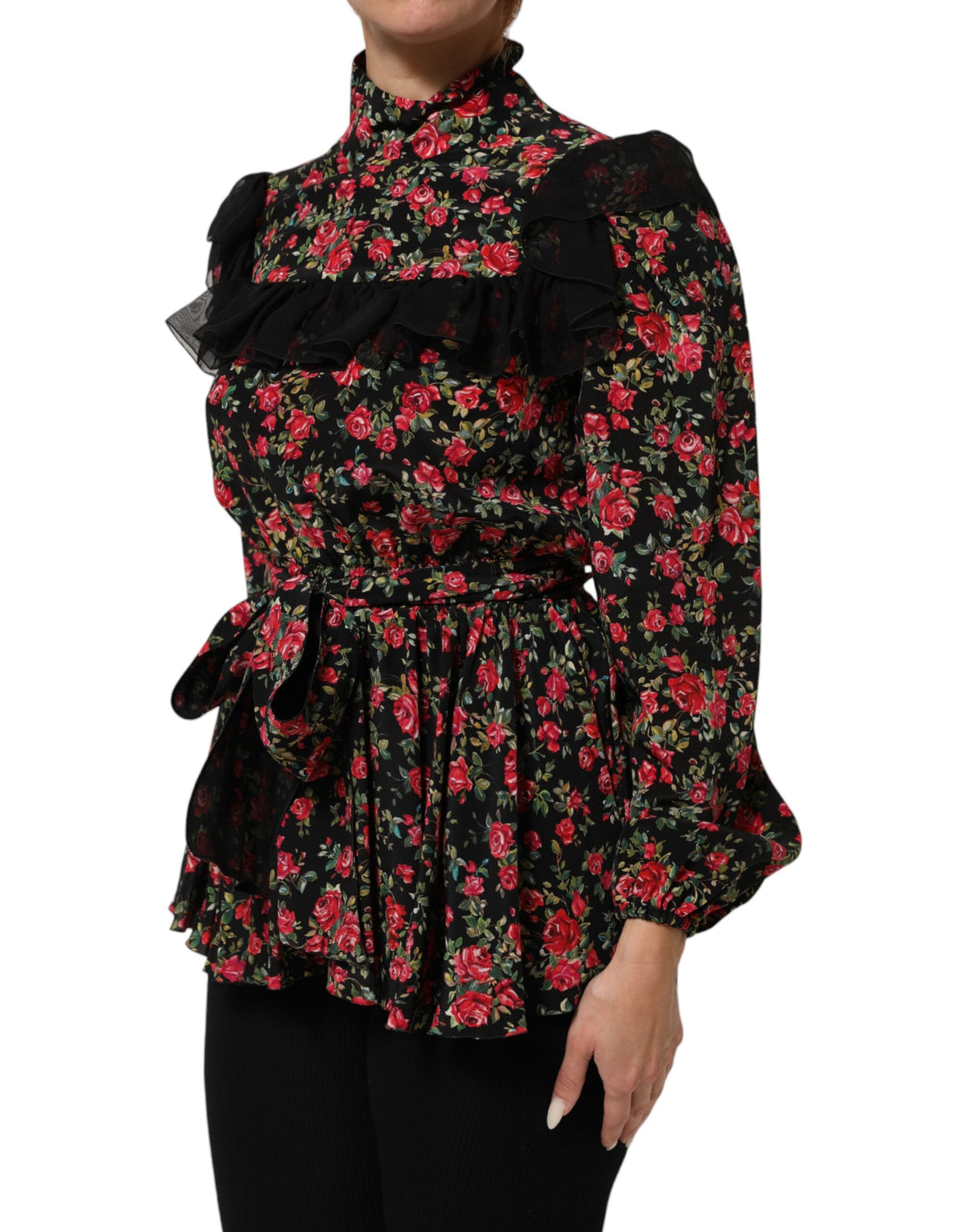 Dolce & Gabbana Black Floral Print Long Sleeve Blouse Women's Top