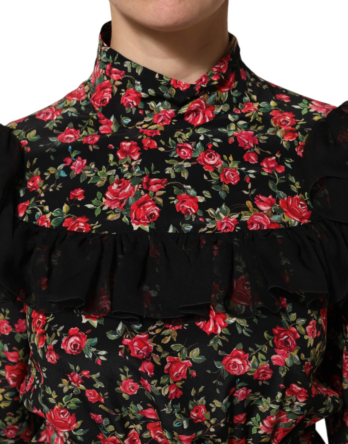 Dolce & Gabbana Black Floral Print Long Sleeve Blouse Women's Top