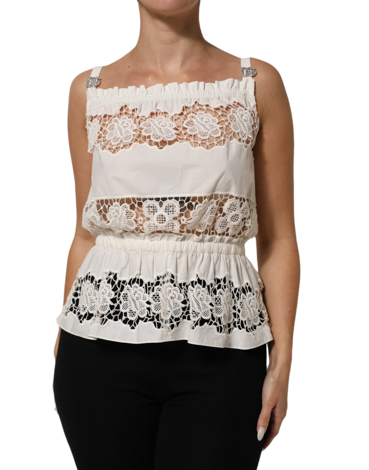 Dolce & Gabbana White Poplin Openwork Embroidery Tank Women's Top (Pre-Owned)