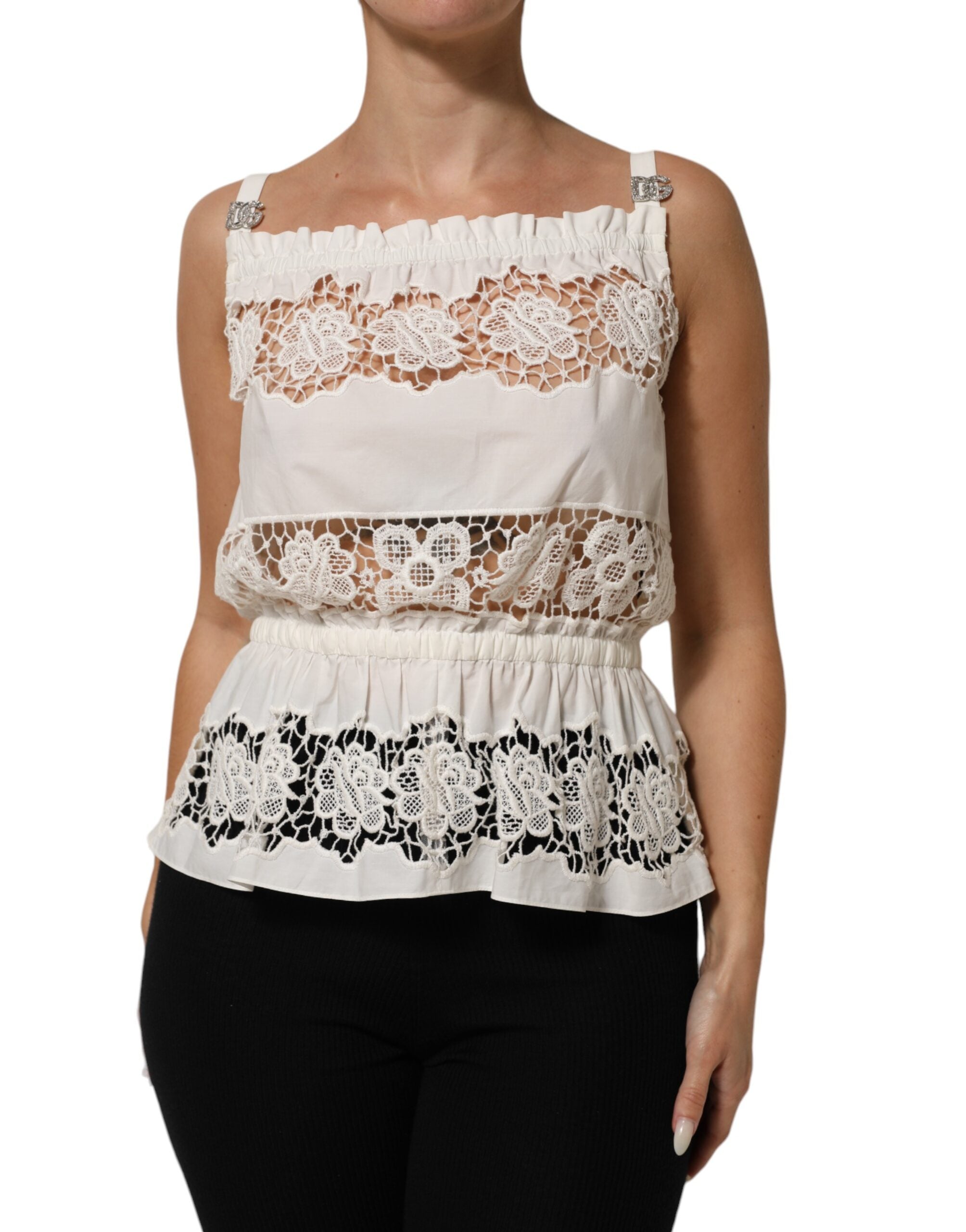 Dolce & Gabbana White Poplin Openwork Embroidery Tank Women's Top (Pre-Owned)