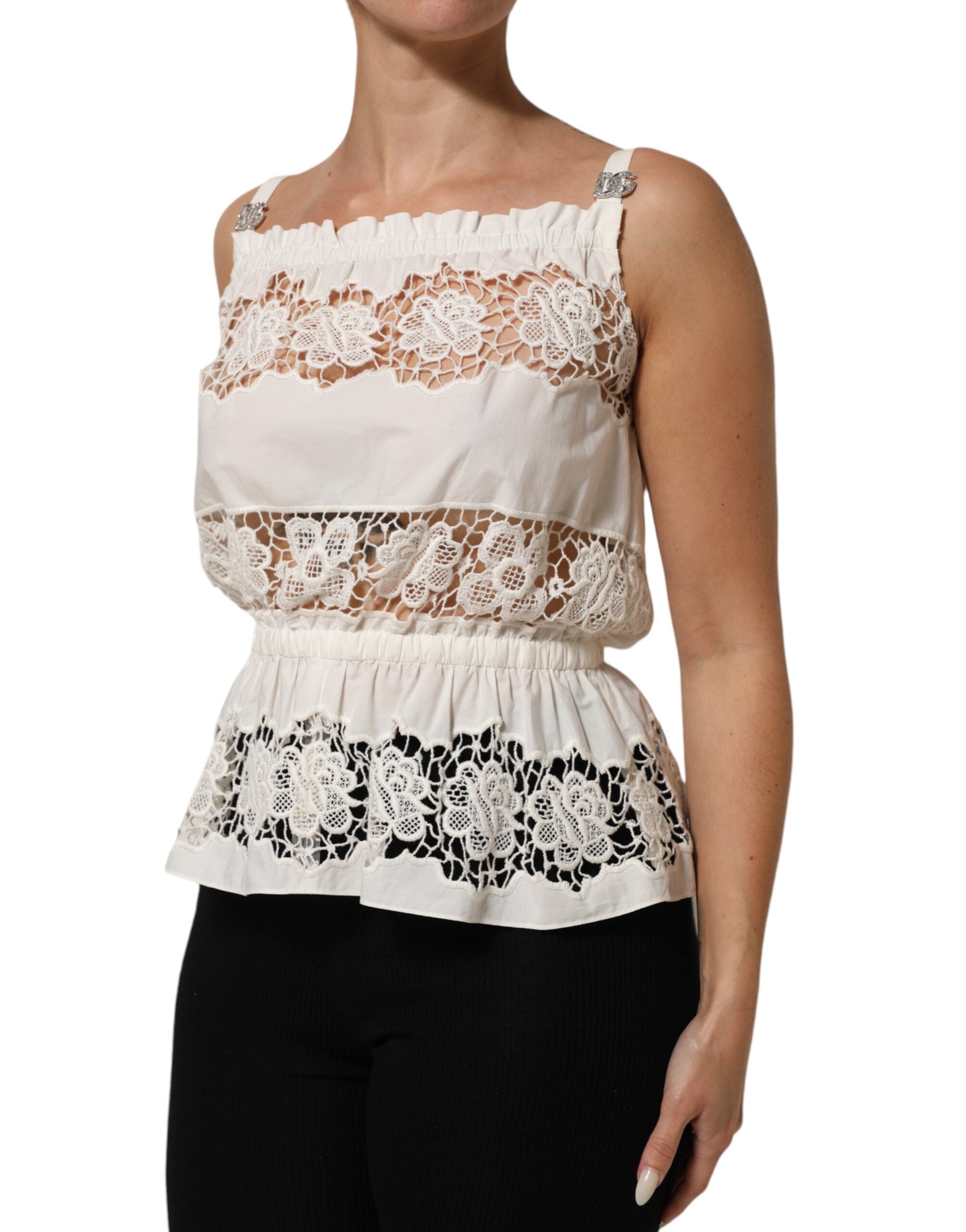 Dolce & Gabbana White Poplin Openwork Embroidery Tank Women's Top (Pre-Owned)