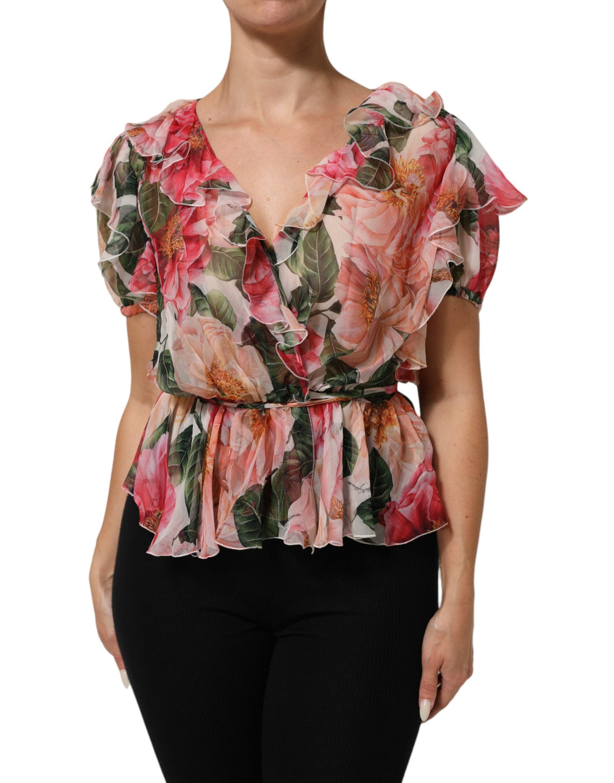 Dolce & Gabbana Pink Camellias Printed Silk V-neck Blouse Women's Top
