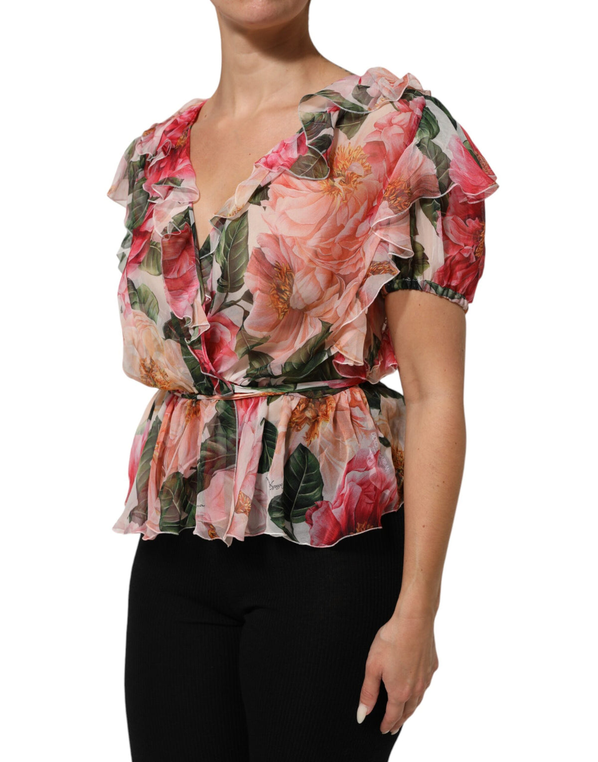 Dolce & Gabbana Pink Camellias Printed Silk V-neck Blouse Women's Top