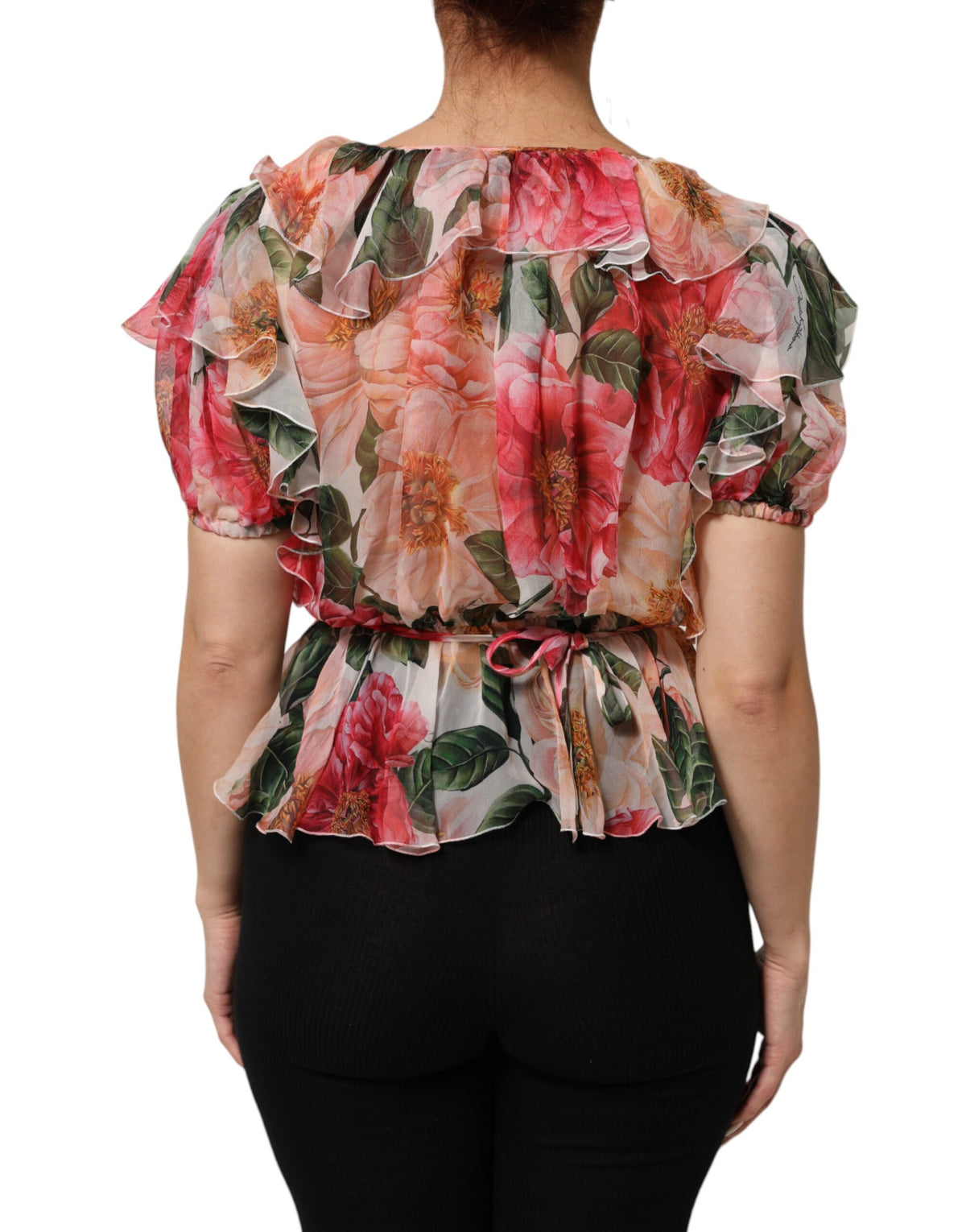 Dolce & Gabbana Pink Camellias Printed Silk V-neck Blouse Women's Top