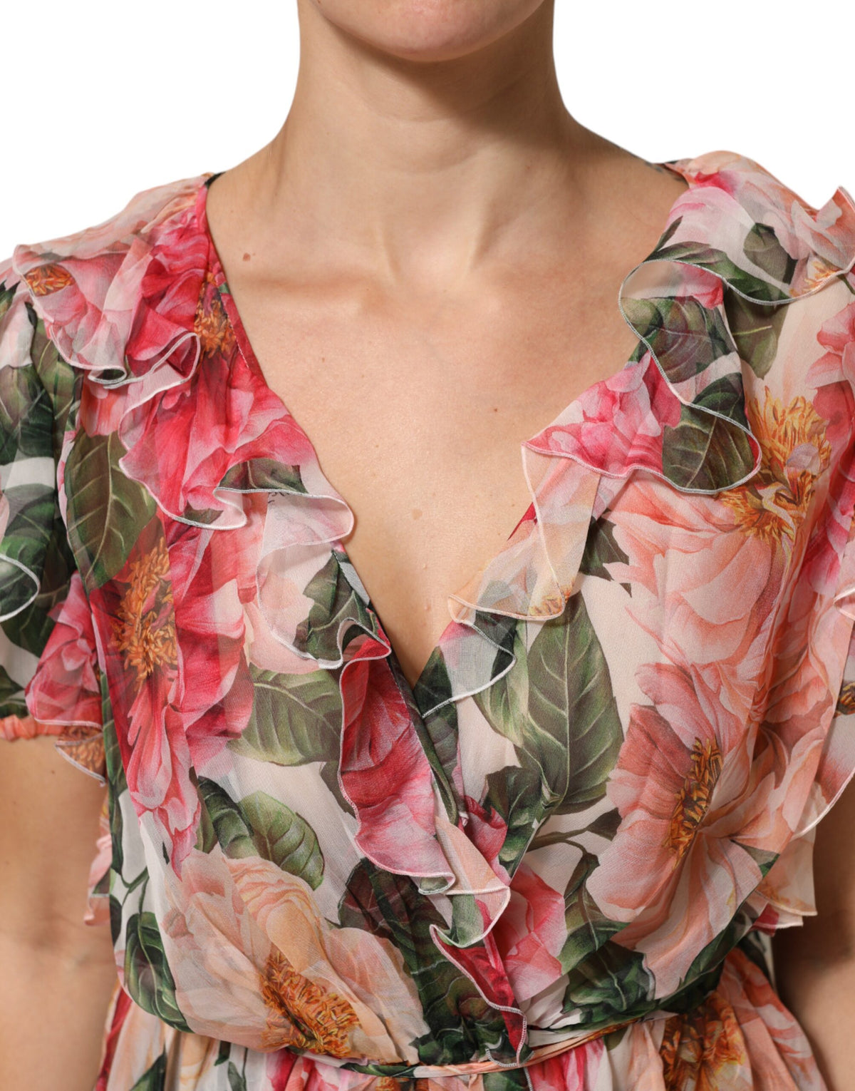 Dolce & Gabbana Pink Camellias Printed Silk V-neck Blouse Women's Top