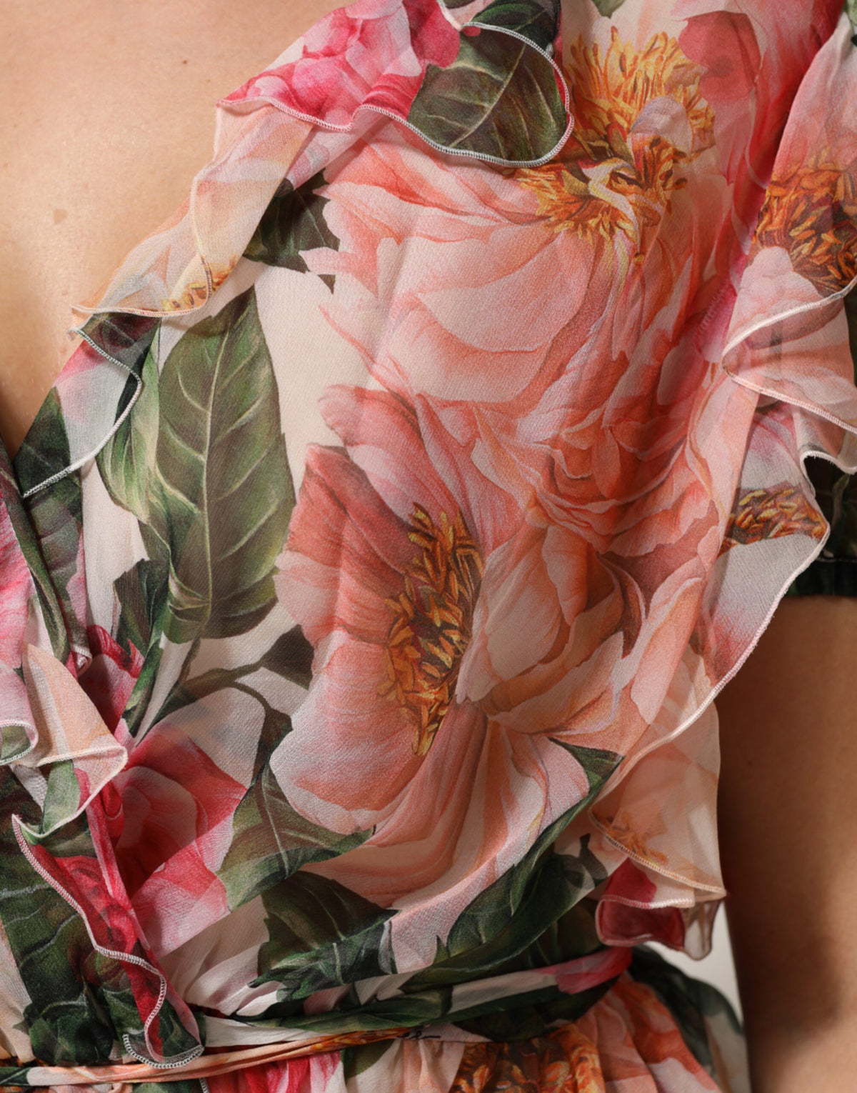 Dolce & Gabbana Pink Camellias Printed Silk V-neck Blouse Women's Top