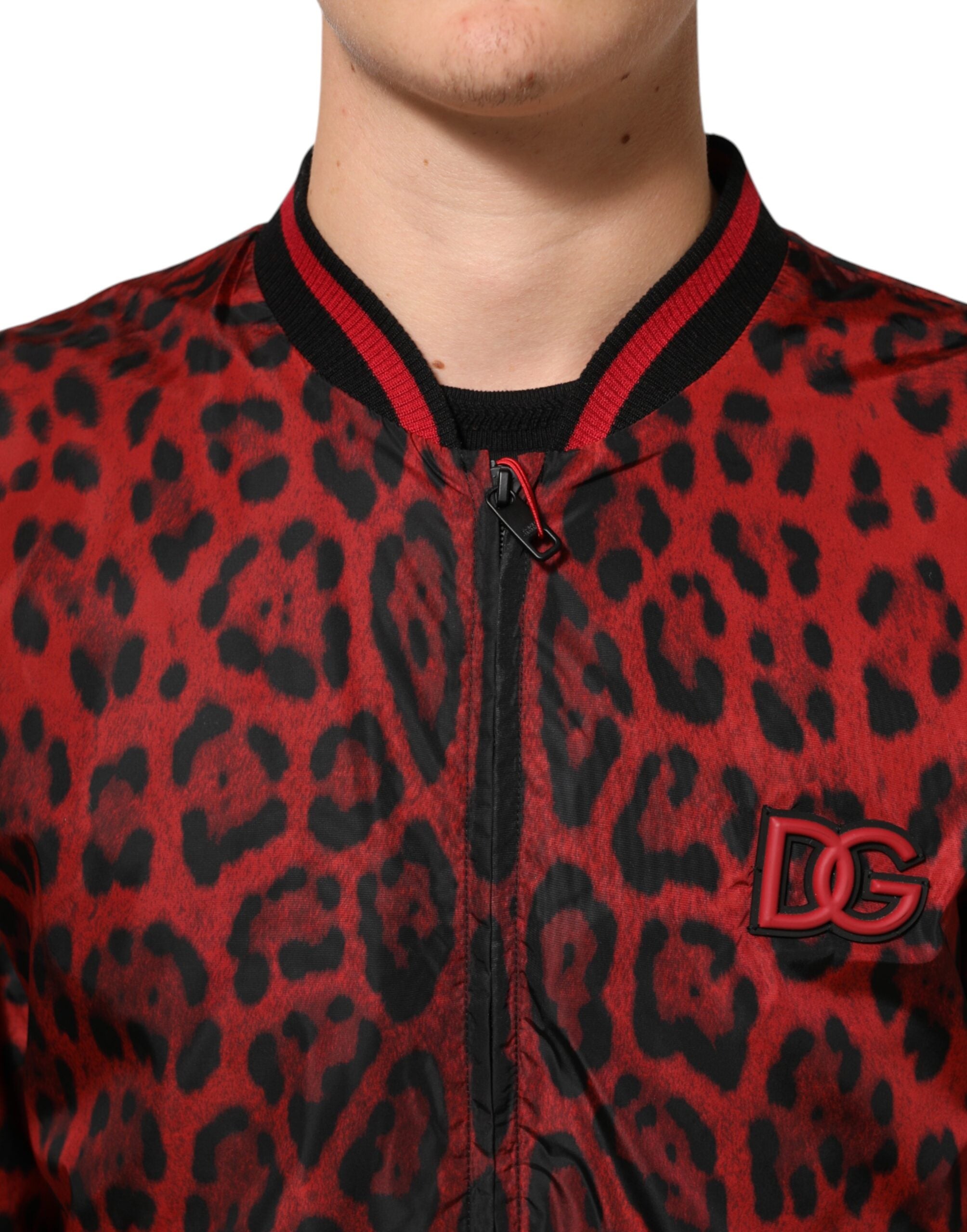 Dolce & Gabbana Red Leopard Print Full Zip Bomber Men's Jacket (Pre-Owned)