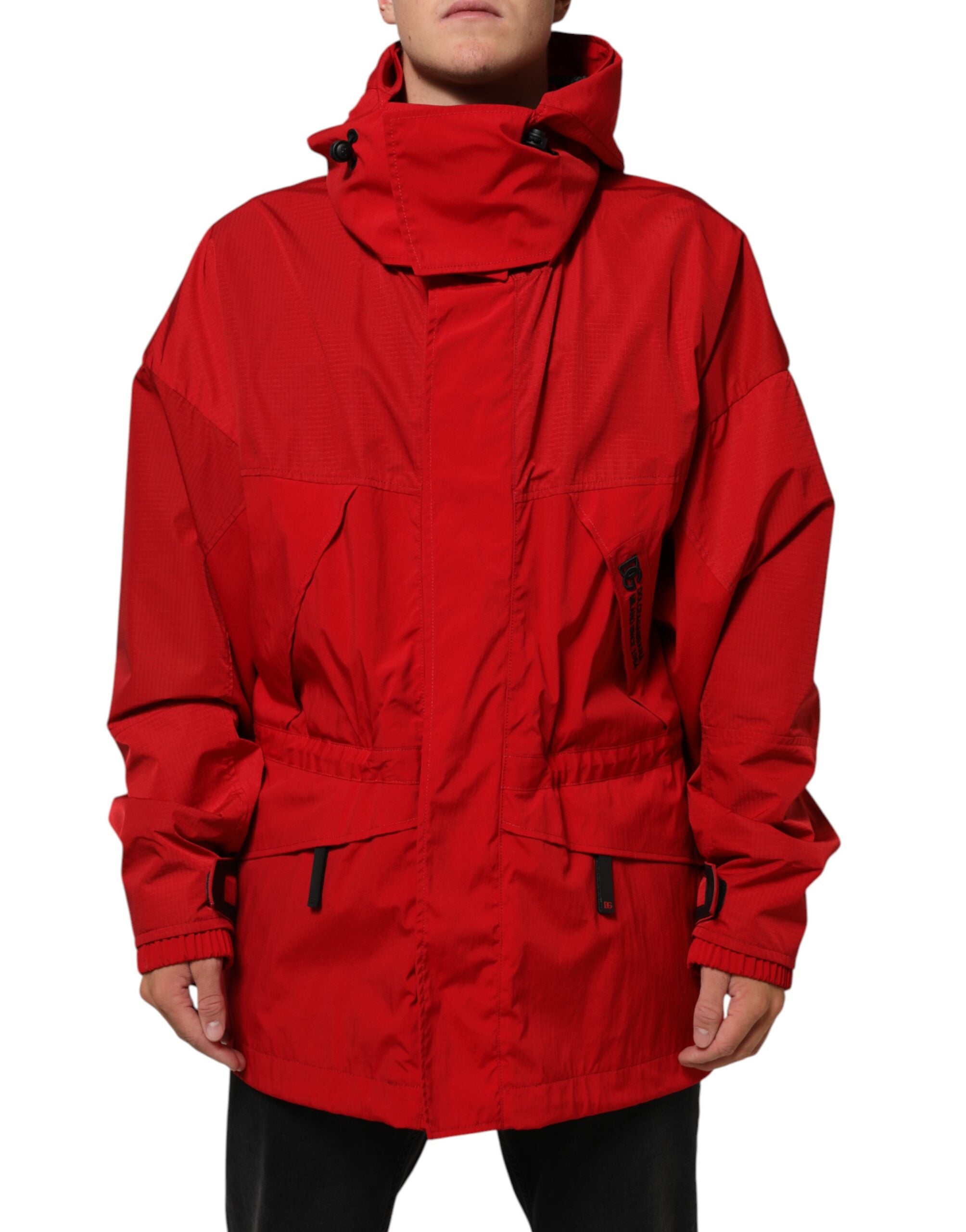 Dolce & Gabbana Red Nylon Hooded Men Full Zip Parka Men's Jacket