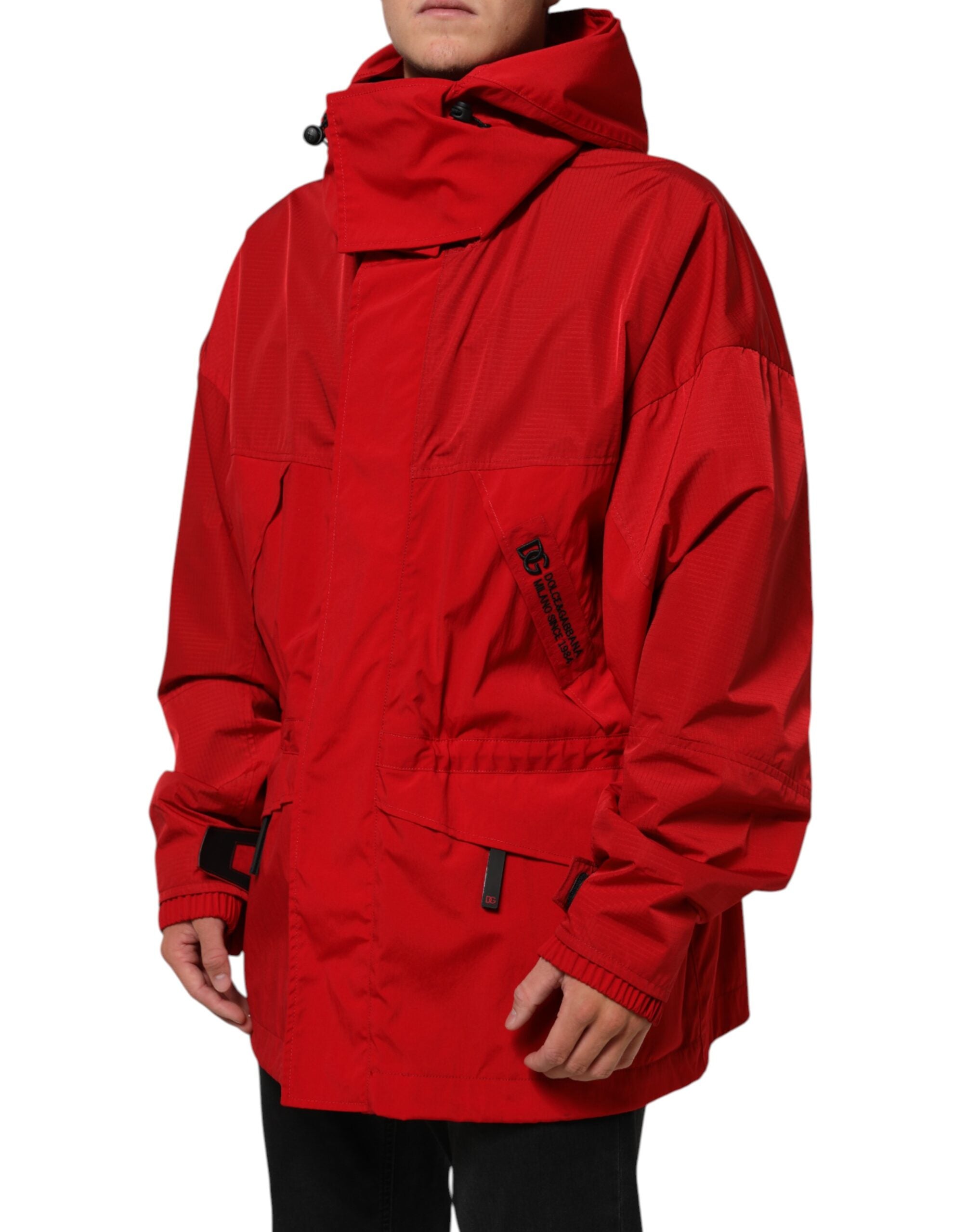 Dolce & Gabbana Red Nylon Hooded Men Full Zip Parka Men's Jacket