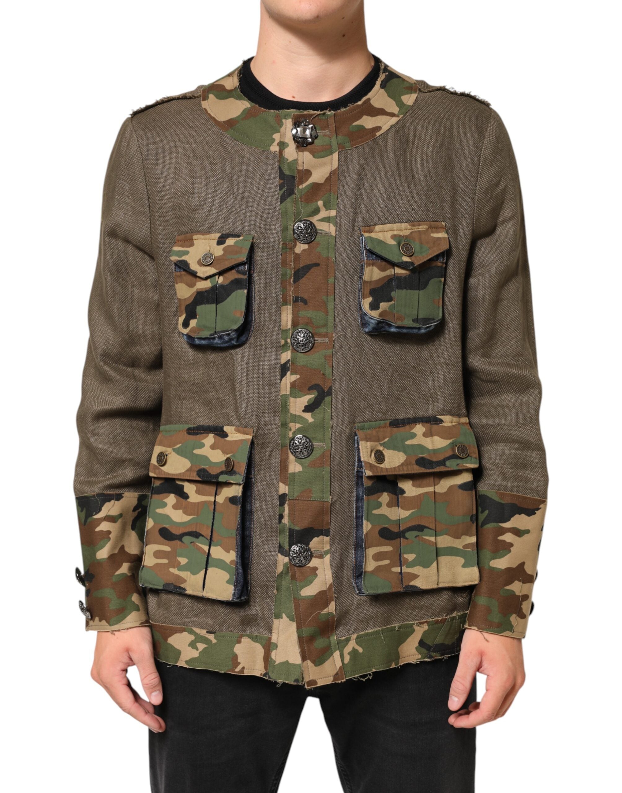 Dolce & Gabbana Brown Camouflage Linen Button Down Men's Jacket
