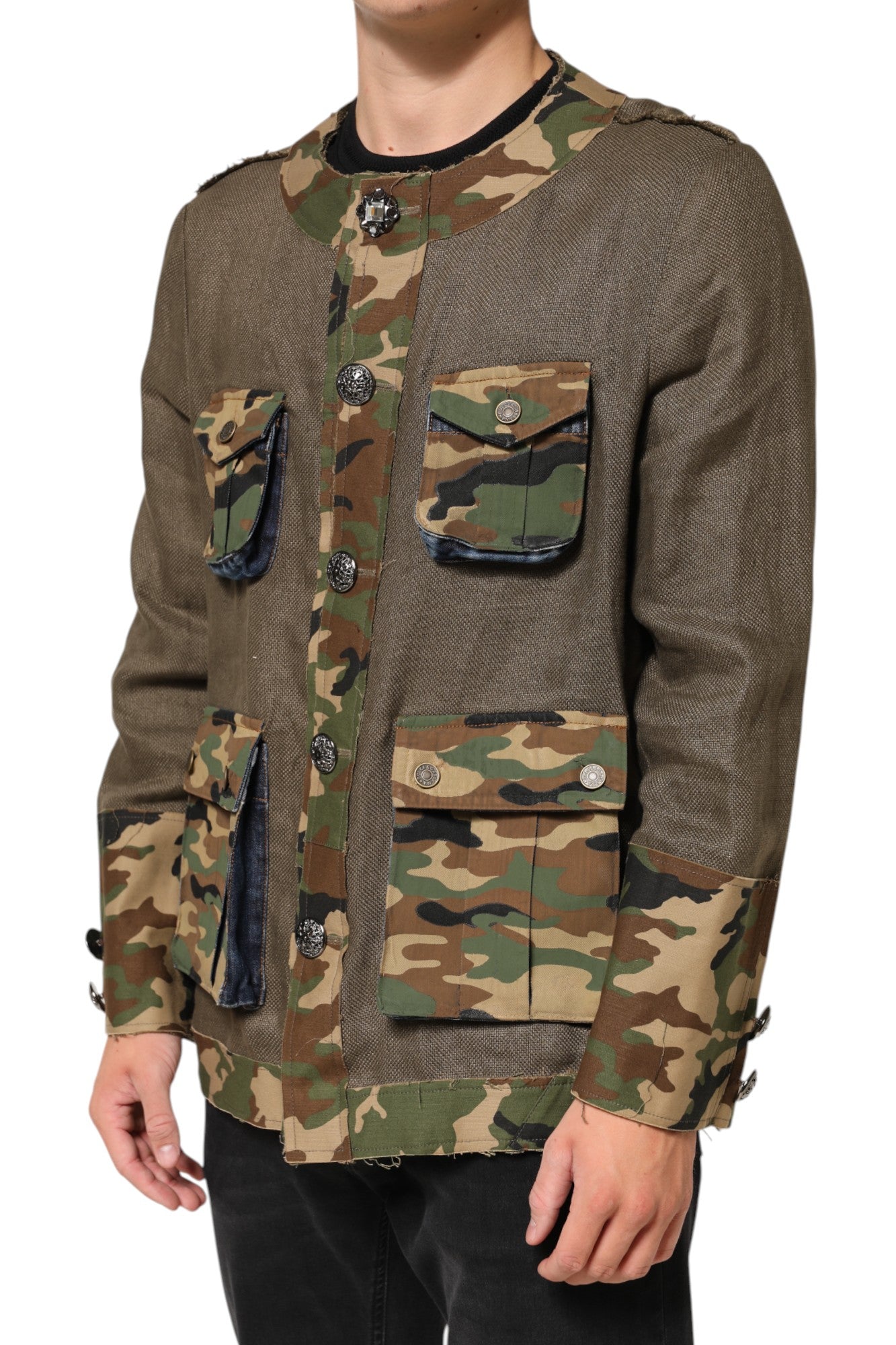 Dolce & Gabbana Brown Camouflage Linen Button Down Men's Jacket