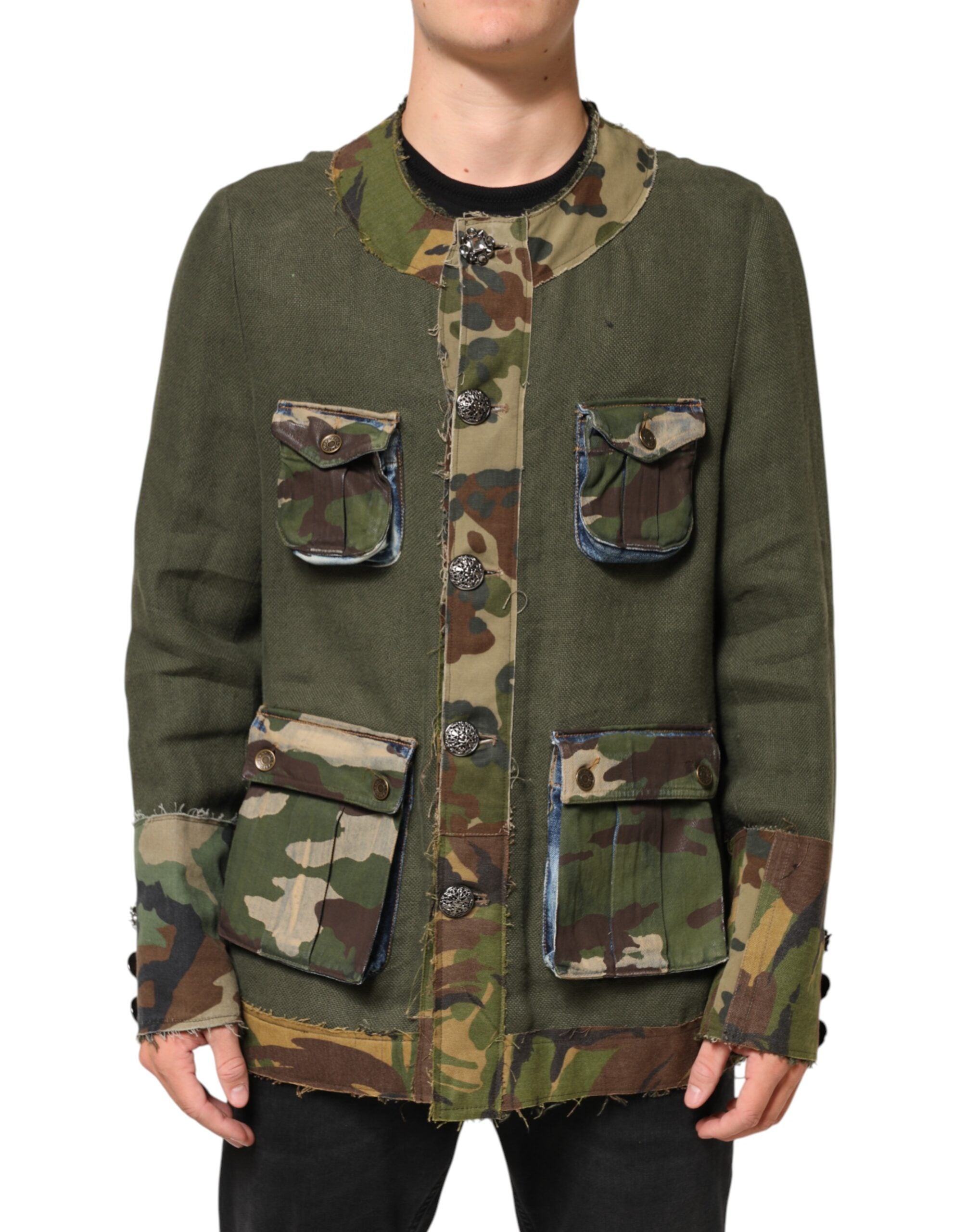 Dolce & Gabbana Brown Camouflage Linen Button Down Men's Jacket