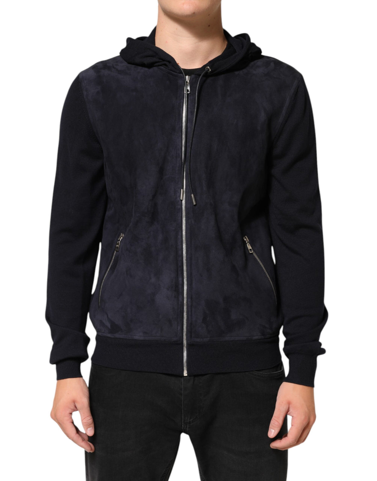 Dolce & Gabbana Black Leather Full Zip Hooded Blouson Men's Jacket
