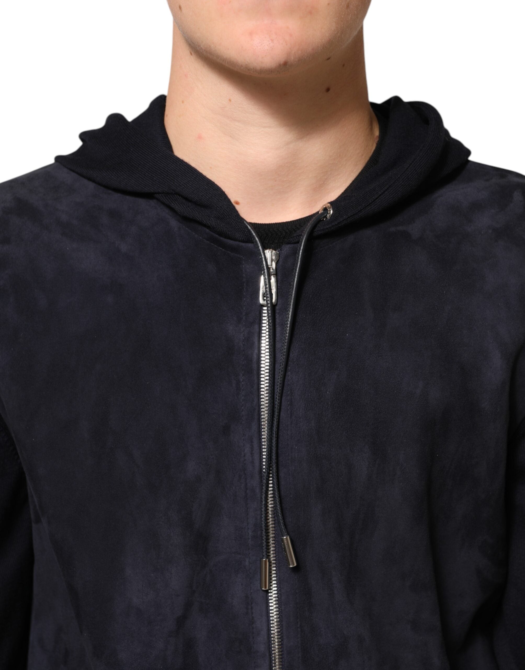 Dolce & Gabbana Black Leather Full Zip Hooded Blouson Men's Jacket