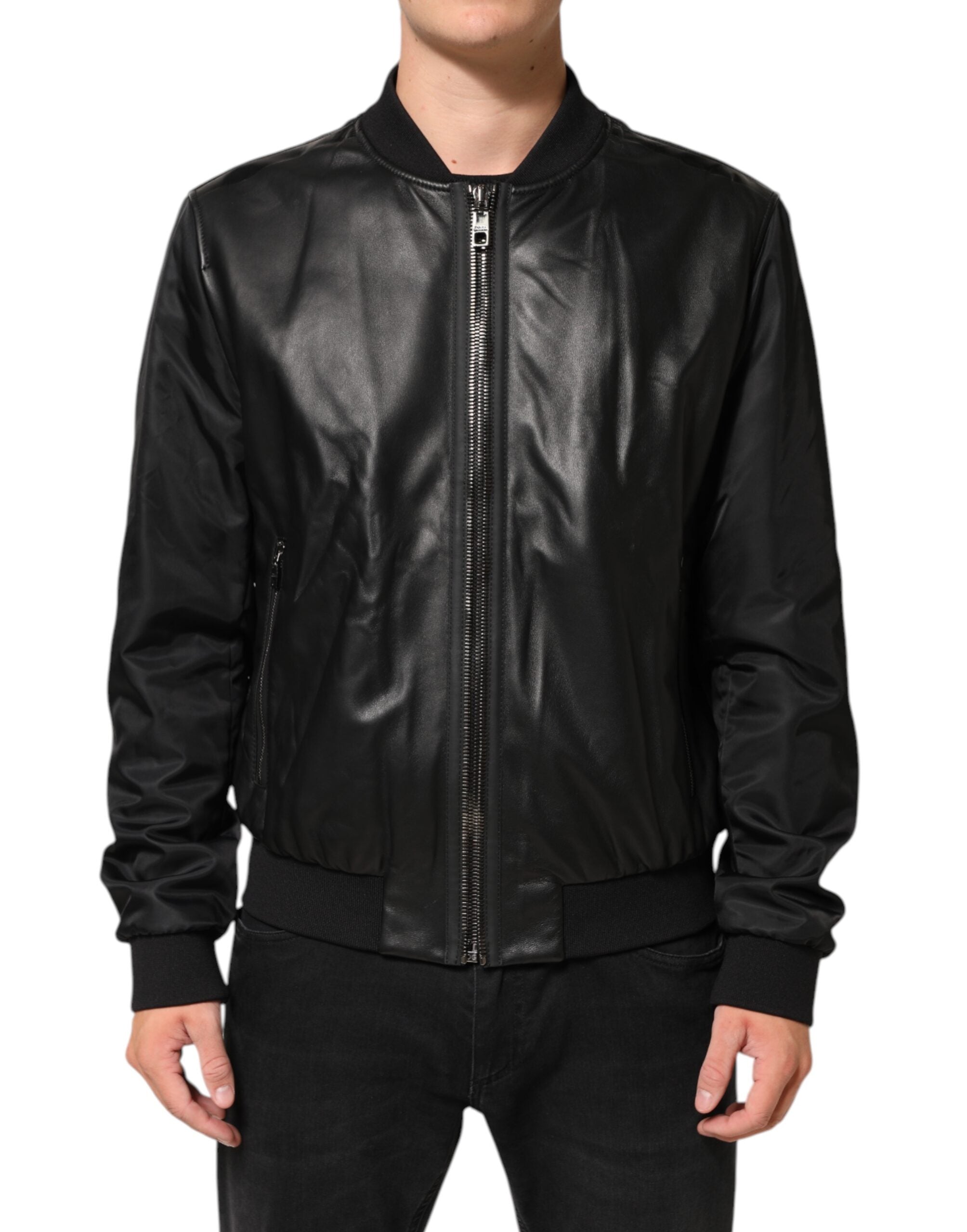 Dolce & Gabbana Black Leather Nylon FullZip Blouson Men's Jacket