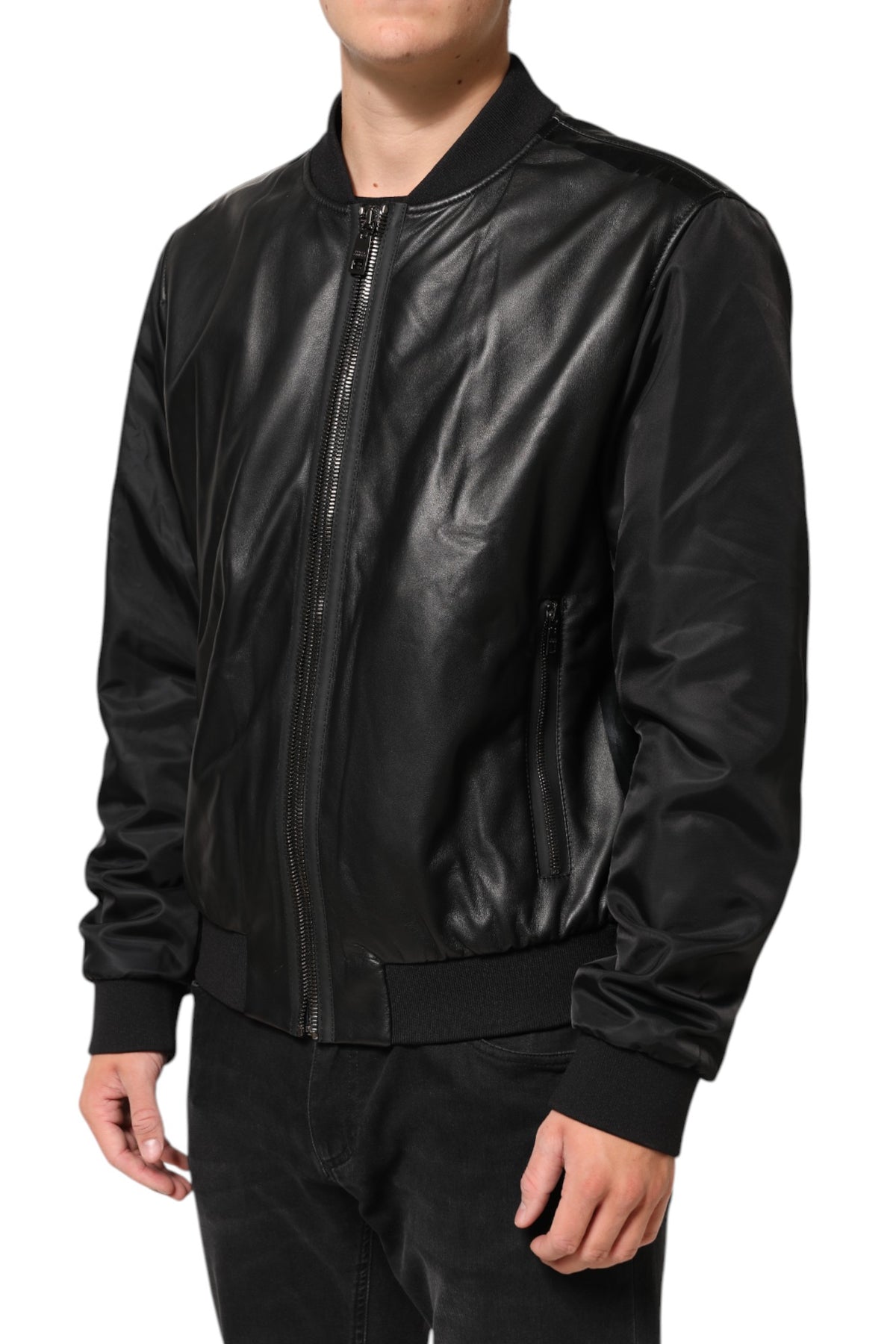 Dolce & Gabbana Black Leather Nylon FullZip Blouson Men's Jacket