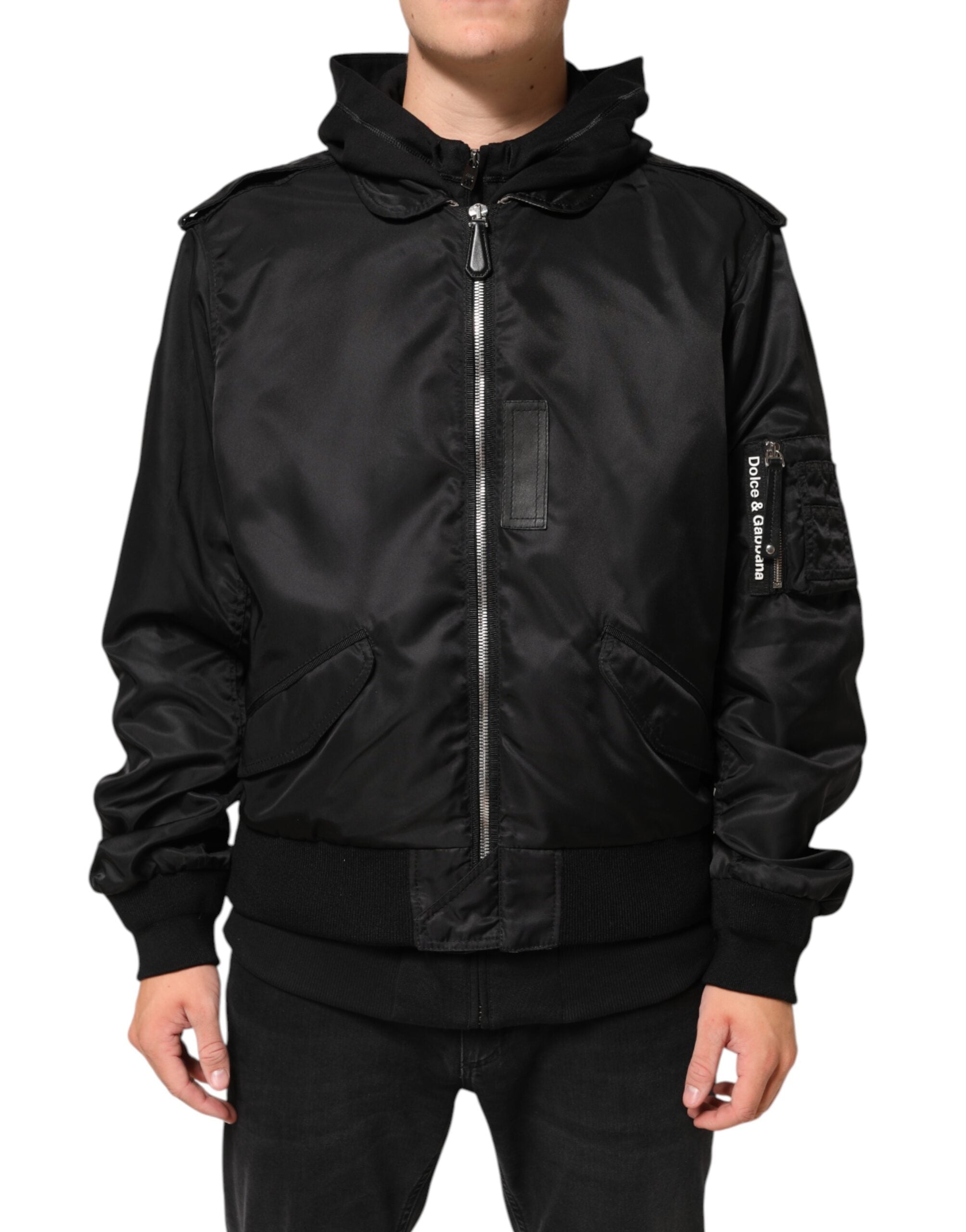 Dolce & Gabbana Black Cotton Hooded Full Zip Bomber Men's Jacket
