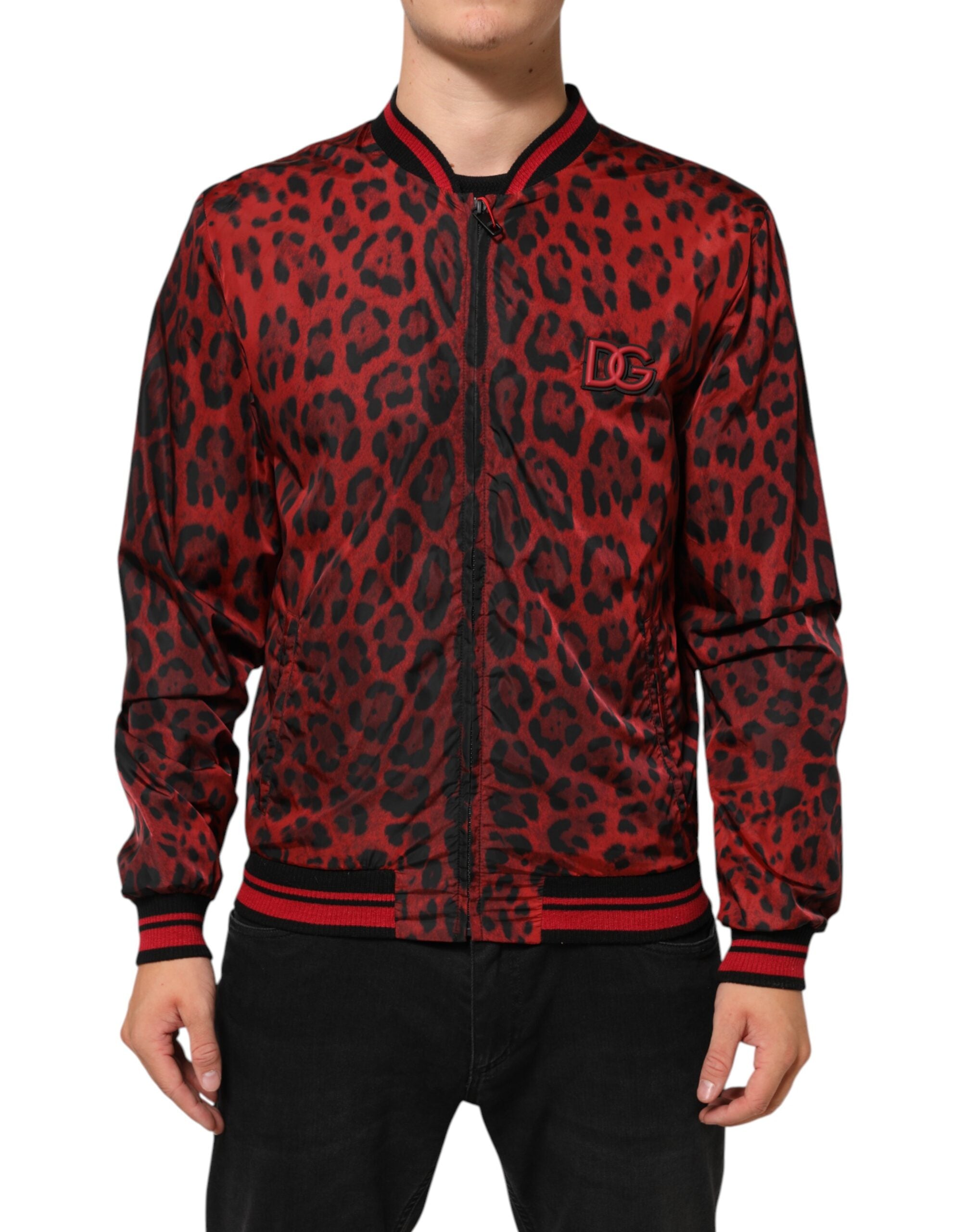 Dolce & Gabbana Red Leopard Print Full Zip Bomber Men Men's Jacket