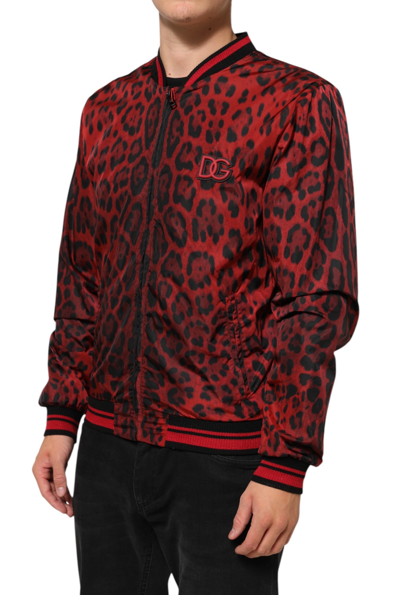Dolce & Gabbana Red Leopard Print Full Zip Bomber Men Men's Jacket