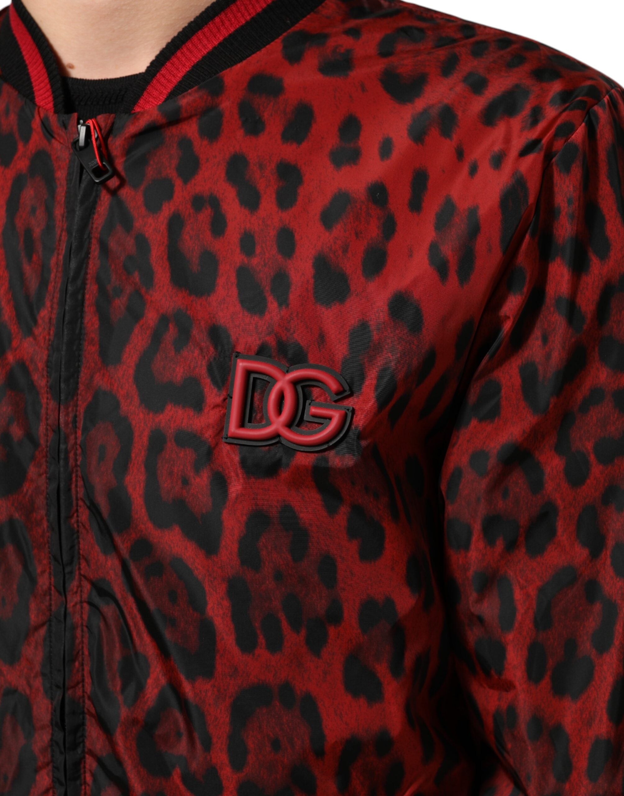 Dolce & Gabbana Red Leopard Print Full Zip Bomber Men Men's Jacket