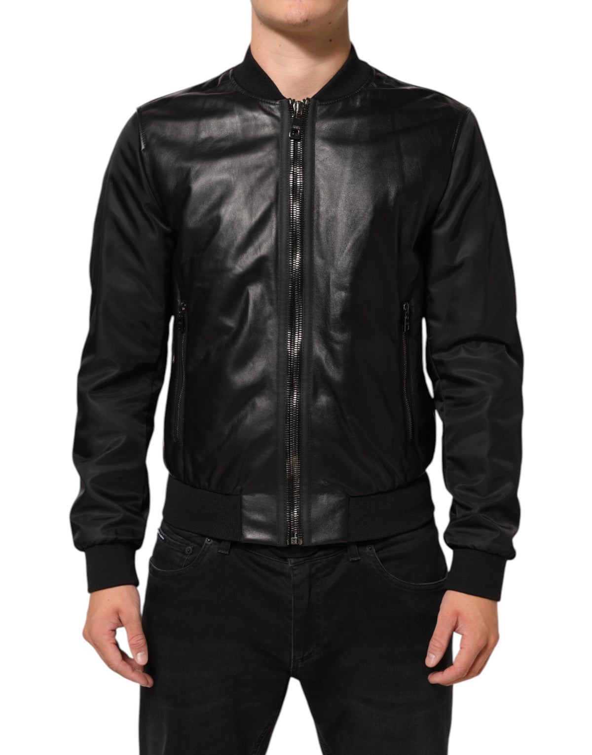Dolce & Gabbana Black Leather Nylon FullZip Blouson Men's Jacket (Pre-Owned)