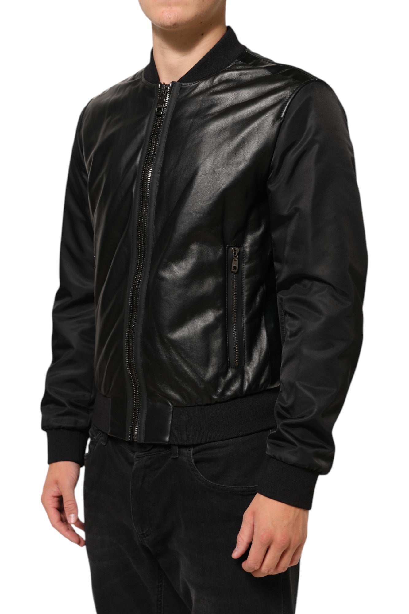Dolce & Gabbana Black Leather Nylon FullZip Blouson Men's Jacket (Pre-Owned)
