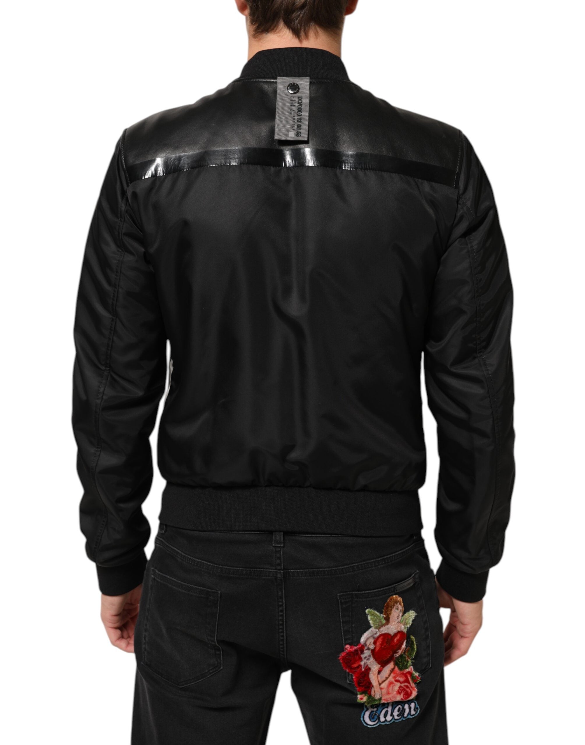Dolce & Gabbana Black Leather Nylon FullZip Blouson Men's Jacket (Pre-Owned)