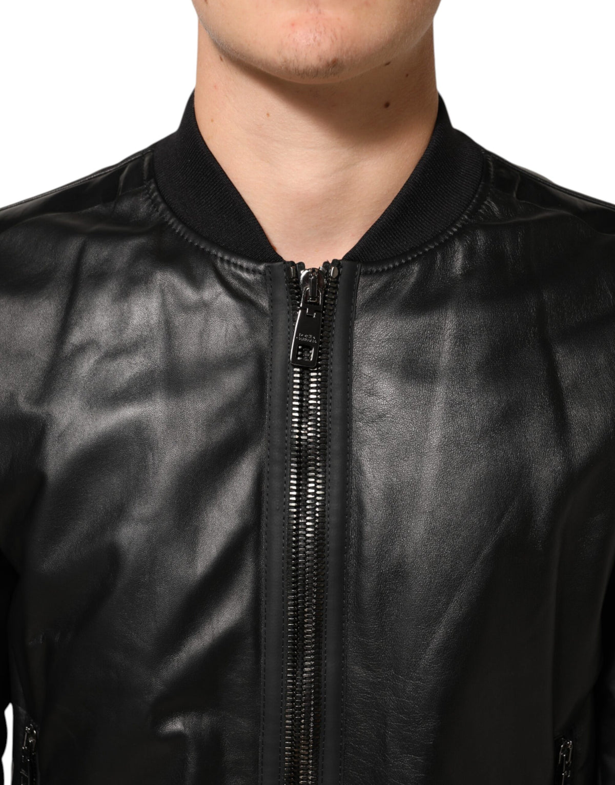 Dolce & Gabbana Black Leather Nylon FullZip Blouson Men's Jacket (Pre-Owned)