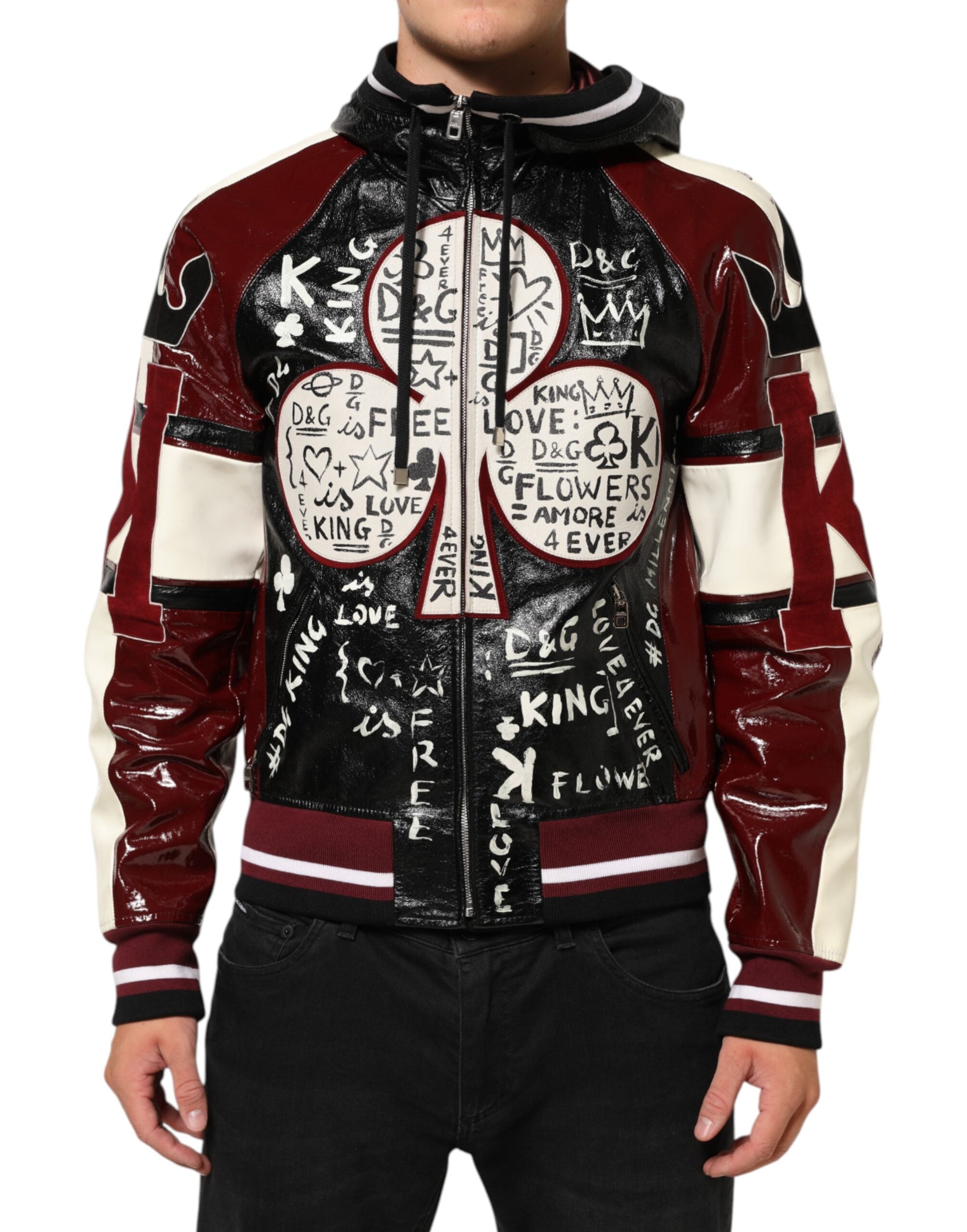 Dolce & Gabbana Multicolor Hooded Leather DG King Men Biker Men's Jacket