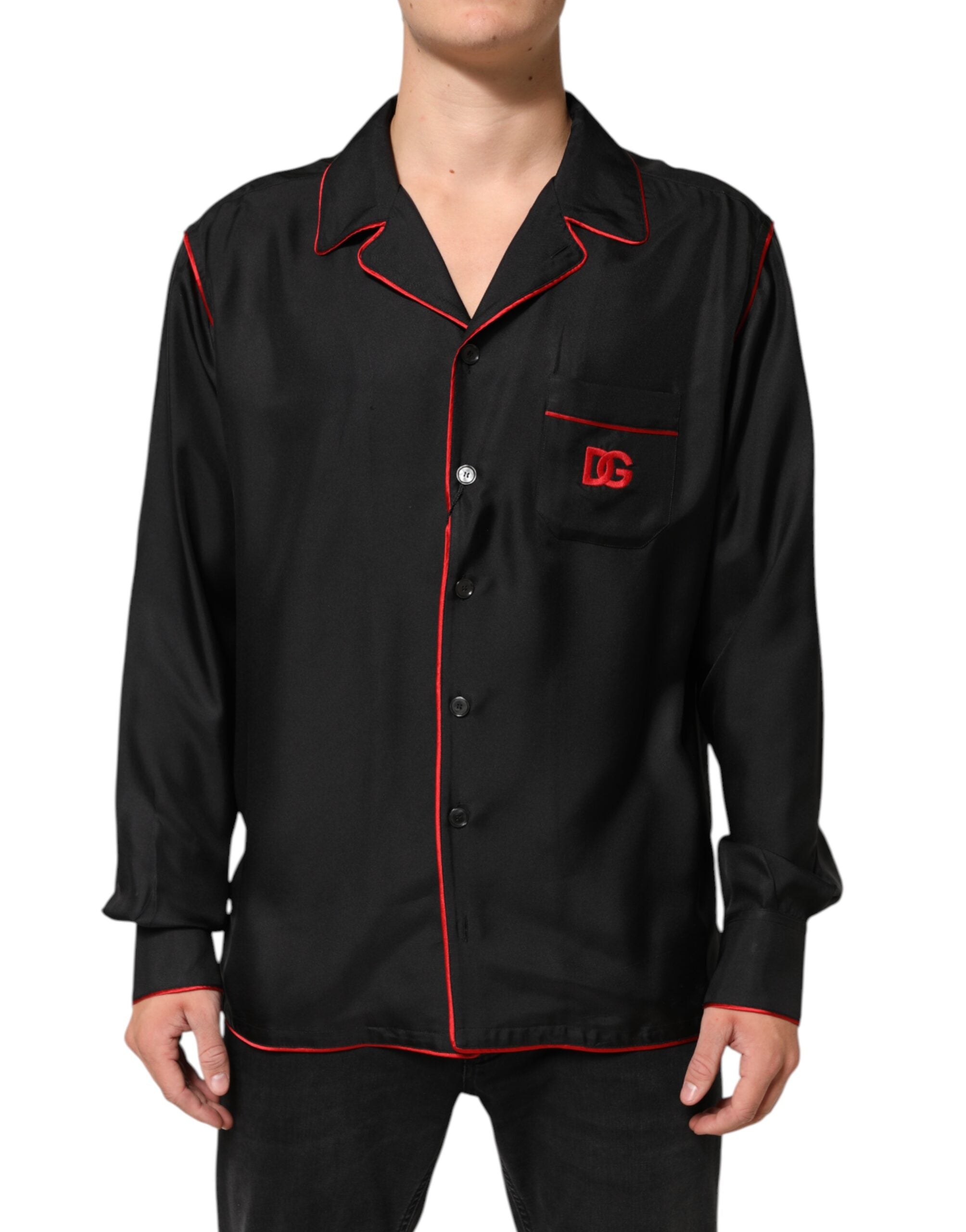 Dolce & Gabbana Black Red Contrast Trim Silk Casual Men's Shirt